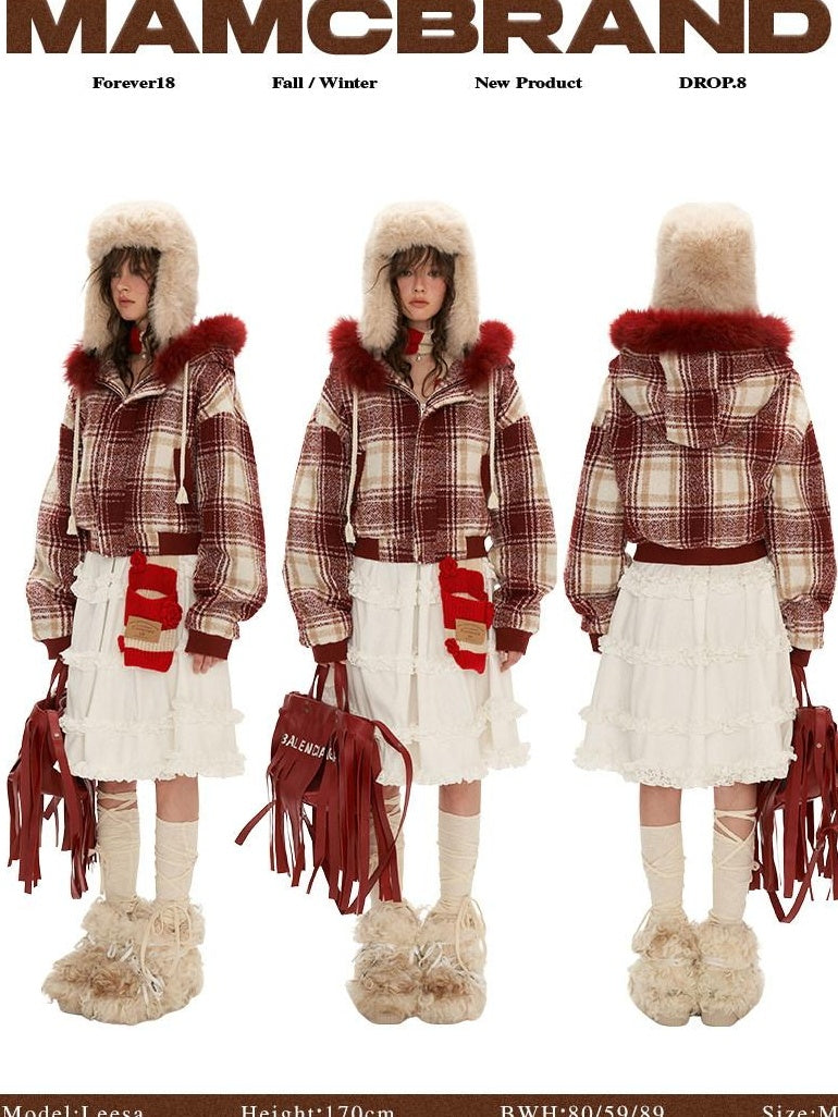 MAMC Plaid Red Polyester Panelled Short Lapel Straight Fit Office Cropped Jackets
