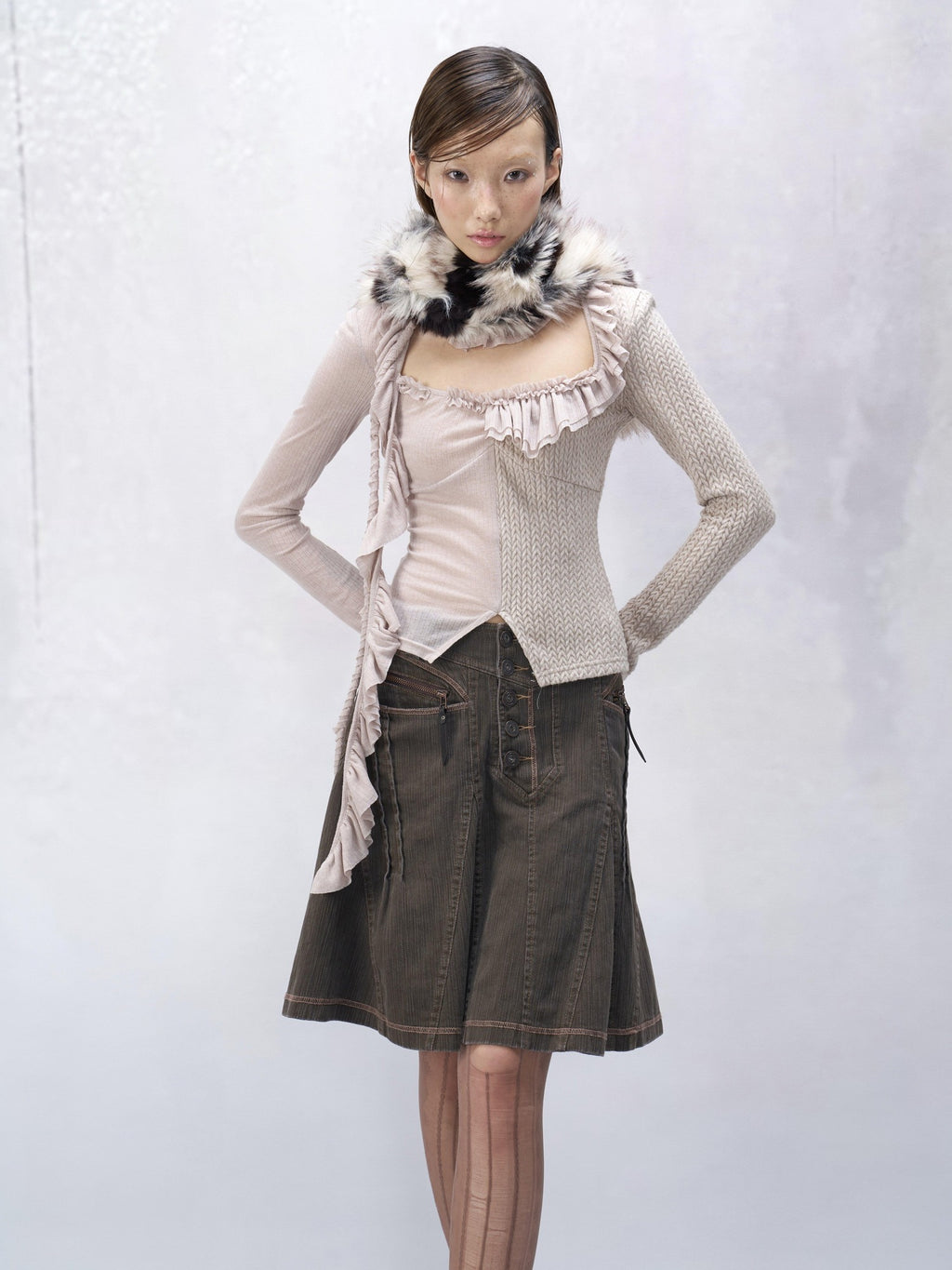 Flowers birds Market Vintage Washed Denim Pleated A Line Low Waist Casual Women Citywalk Midi Skirts