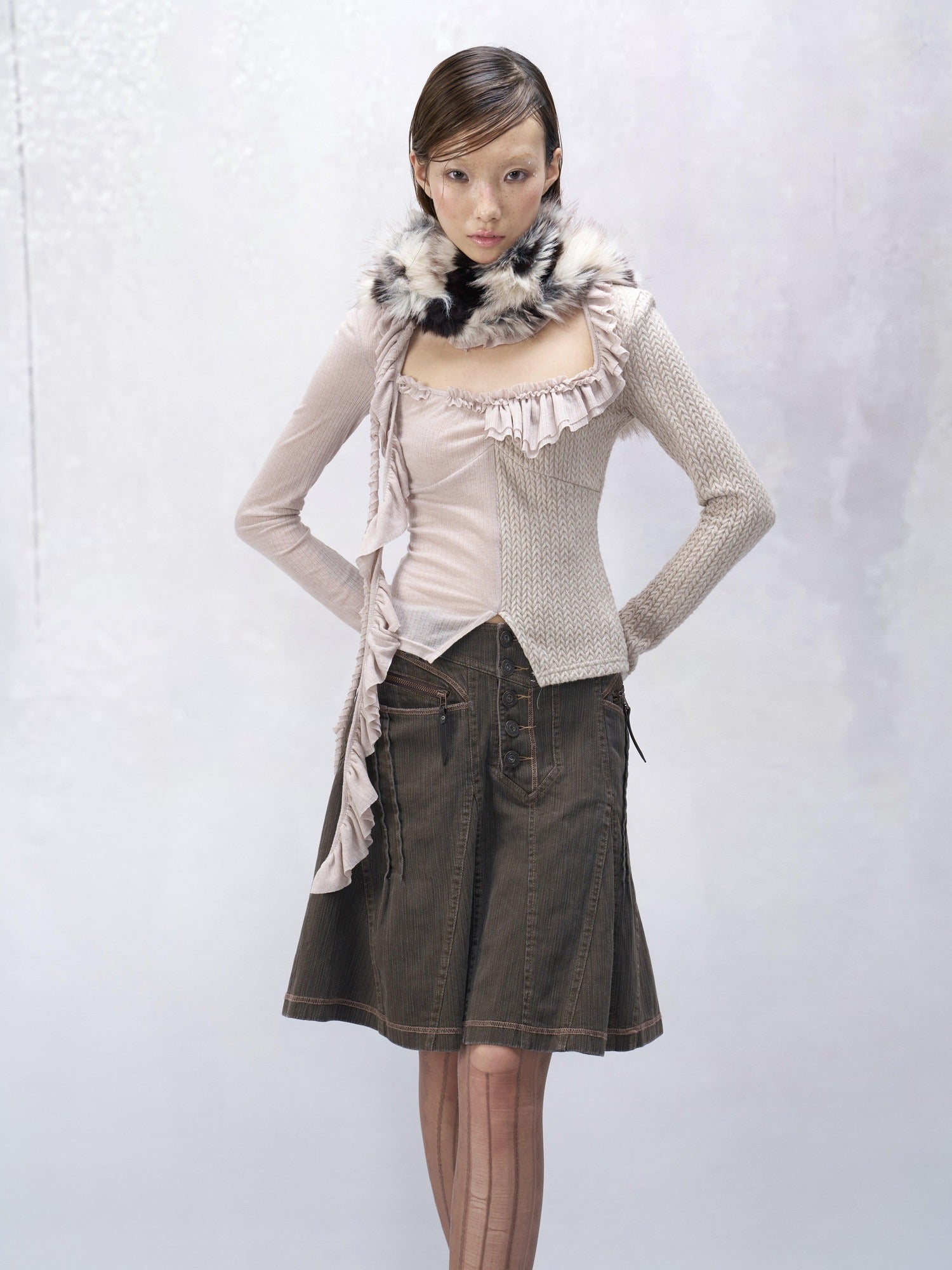 Flowers birds Market Vintage Washed Denim Pleated A Line Low Waist Casual Women Citywalk Midi Skirts