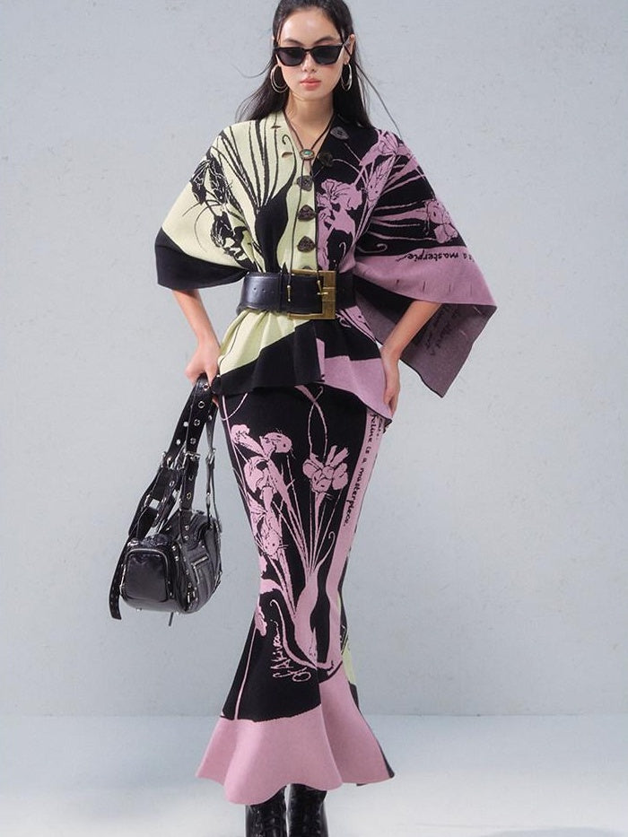 OfAkiva Colorblock Floral Chinese Slim Fit Women Two Piece Elegant Top & Skirt Sets
