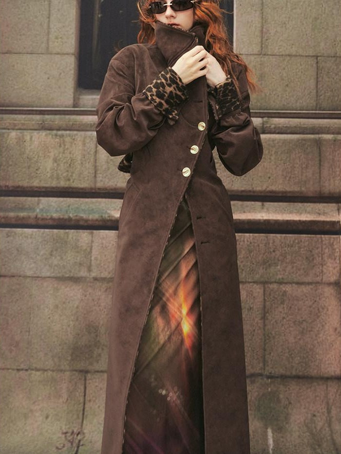 OfAkiva Faux Leather Windproof Vintage Straight Stand Collar Leopard Women Long Coats