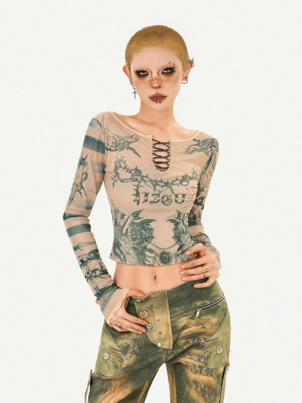 Nico Molly Vintage Tie Dye Floral Mesh Slim Fit Crew Neck Women Long Sleeve Crop Tops
