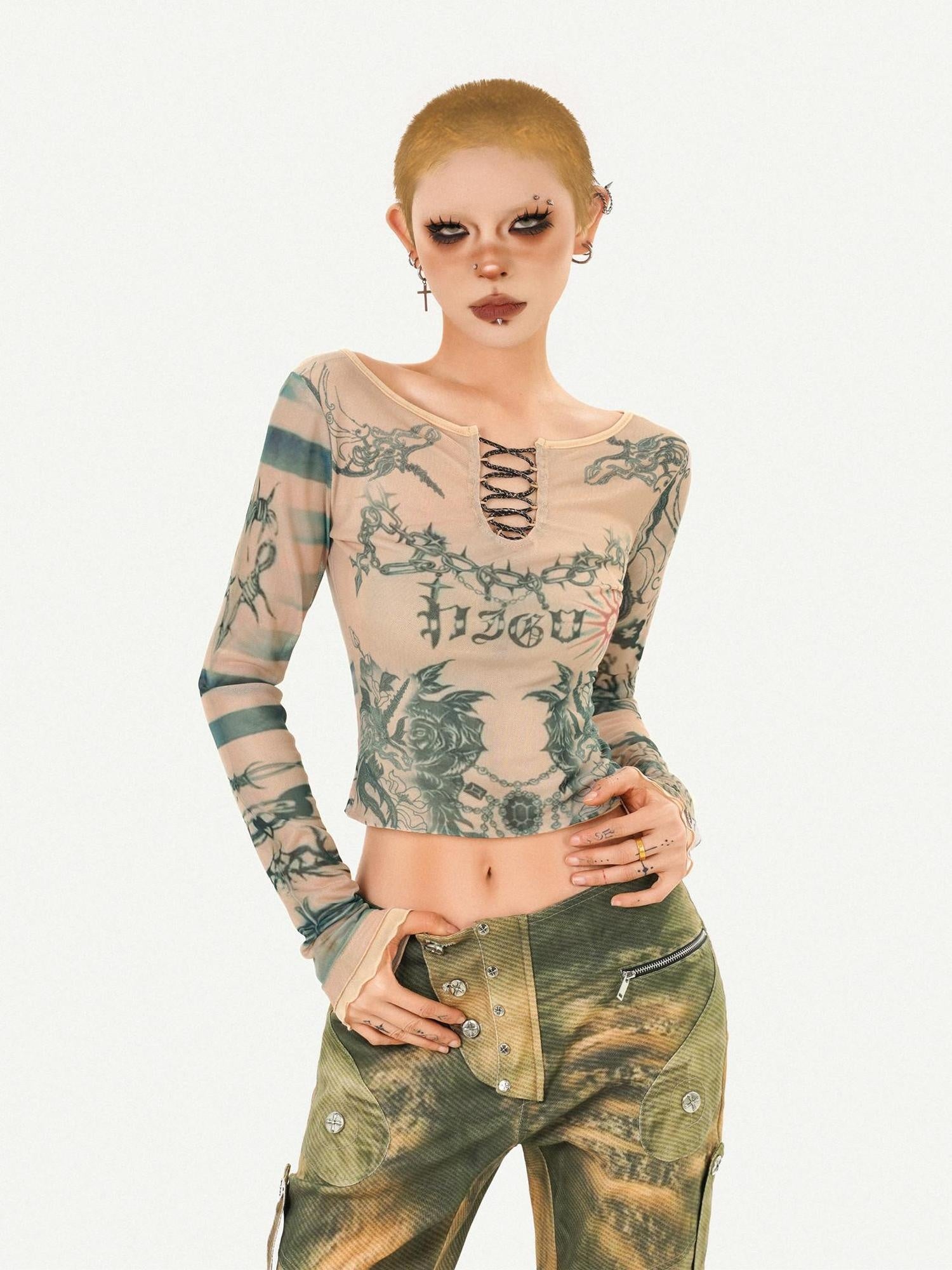 Nico Molly Vintage Tie Dye Floral Mesh Slim Fit Crew Neck Women Long Sleeve Crop Tops