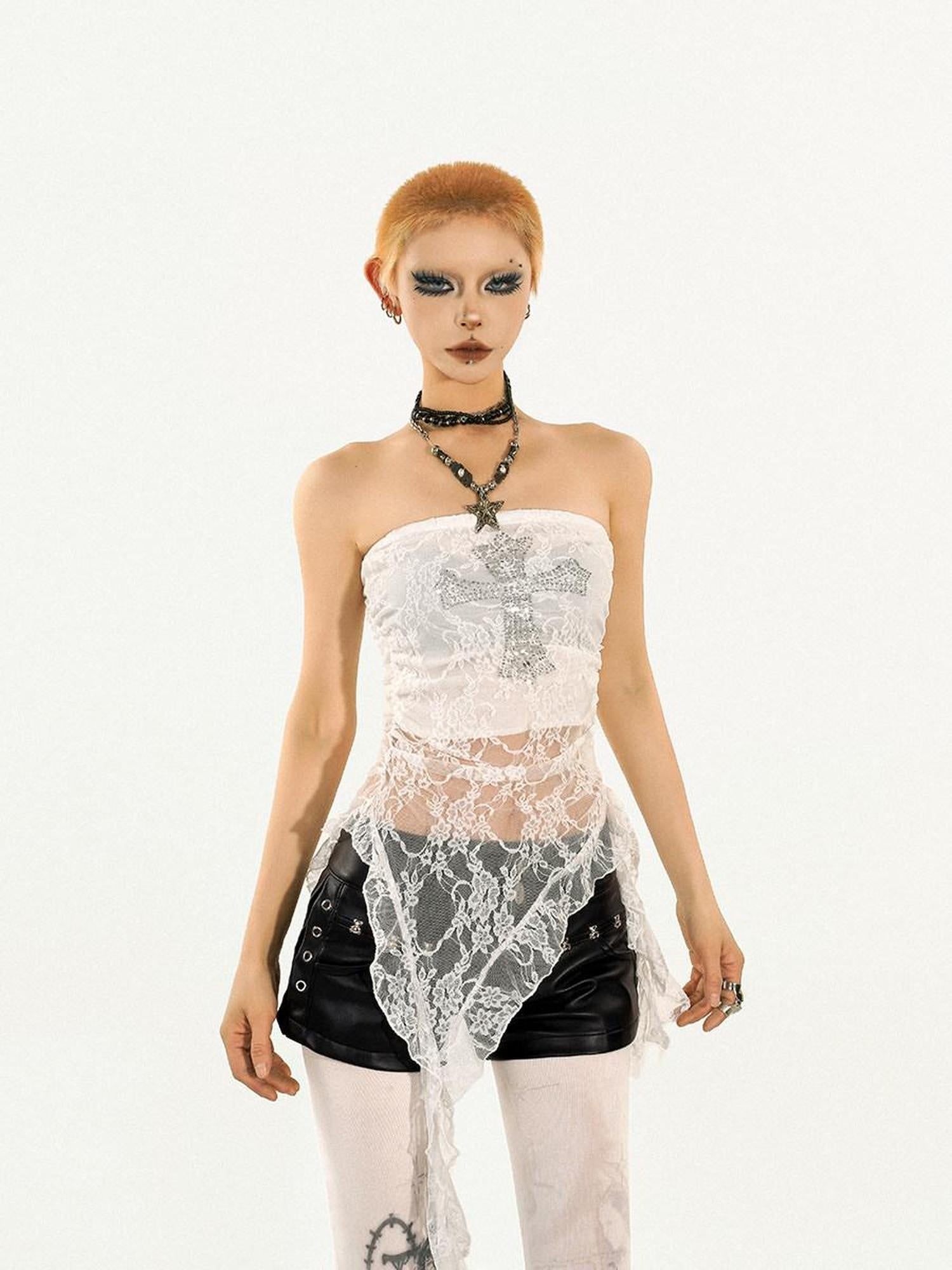 Nico Molly Fringe Slim Fit Punk Street Women Solid Black White Silver Tube Tops