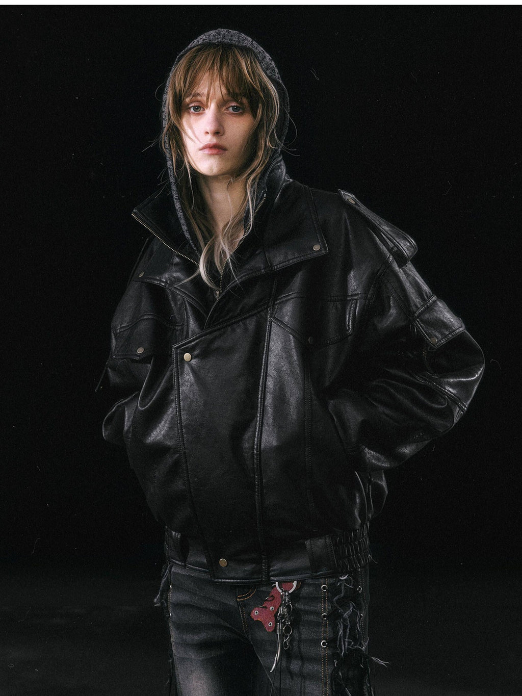 Cest Nous Thick Pu Leather Loose Fit Streetwear Long Sleeve Youth Black Bomberjackets
