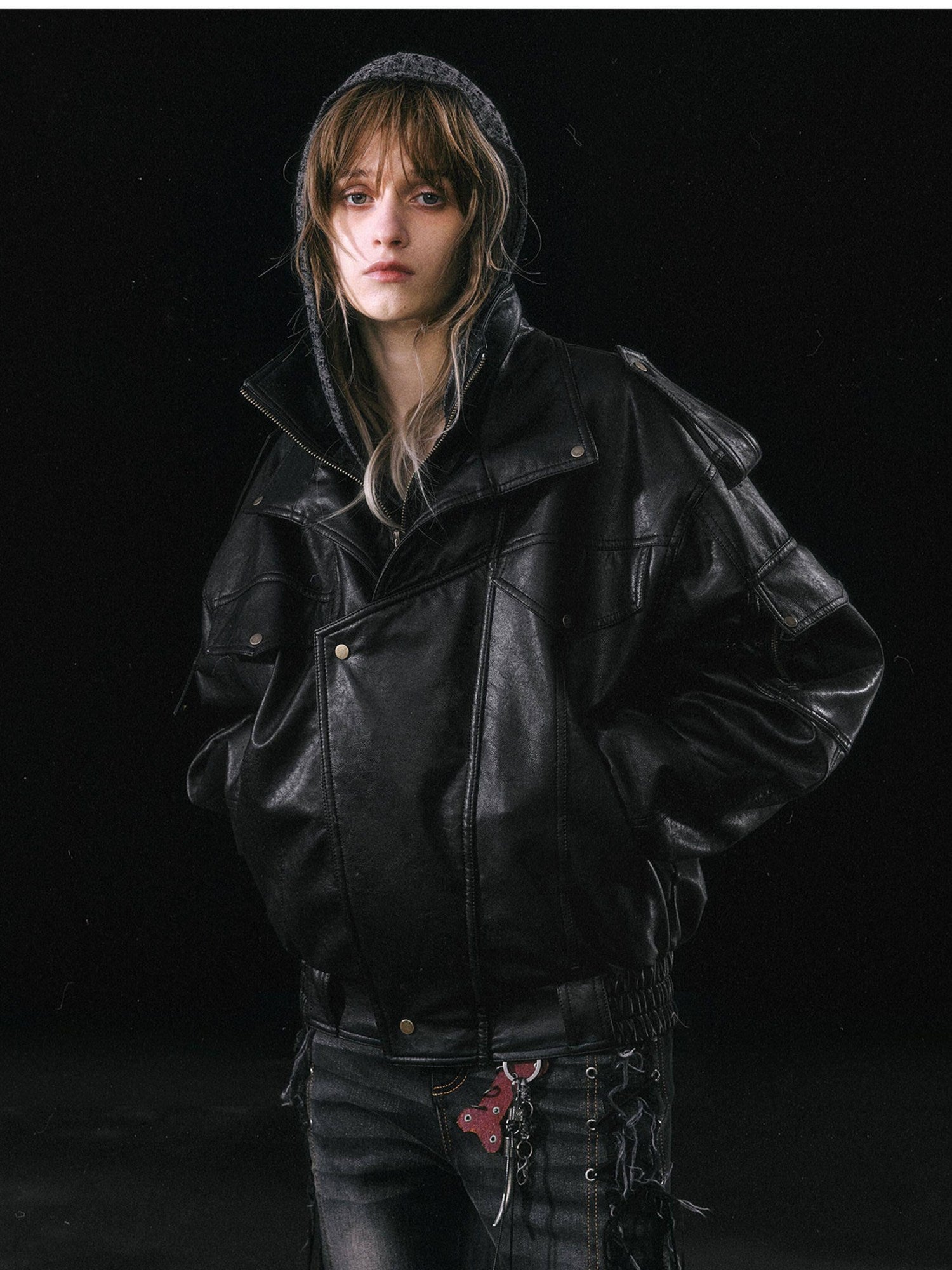 Cest Nous Thick Pu Leather Loose Fit Streetwear Long Sleeve Youth Black Bomberjackets