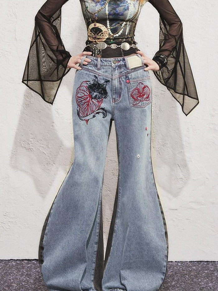 OfAkiva High Waist Vintage Embroidered Asymmetric Floral Cotton Women Wide Leg Jeans