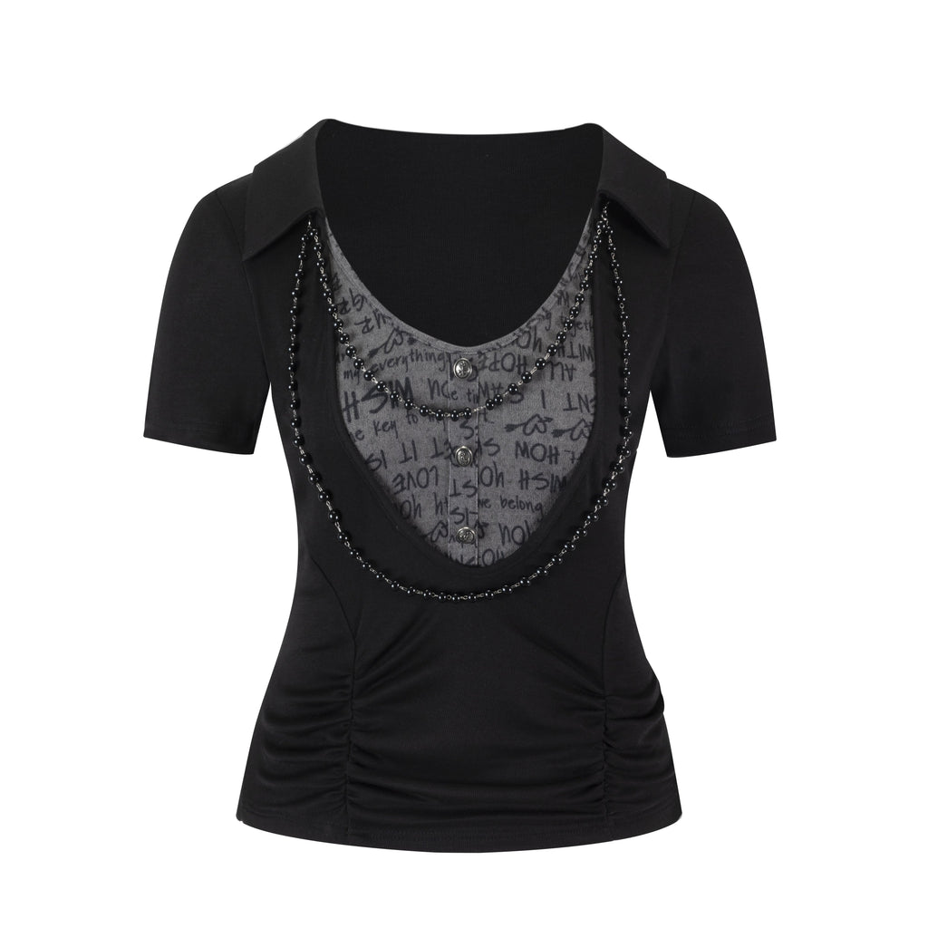 Cest_Nous_Slim_Lyocell_Punk_Faux_Layered_V-neck_Patchwork_Black_Women_Shortsleevet-Shirts_MISSTT