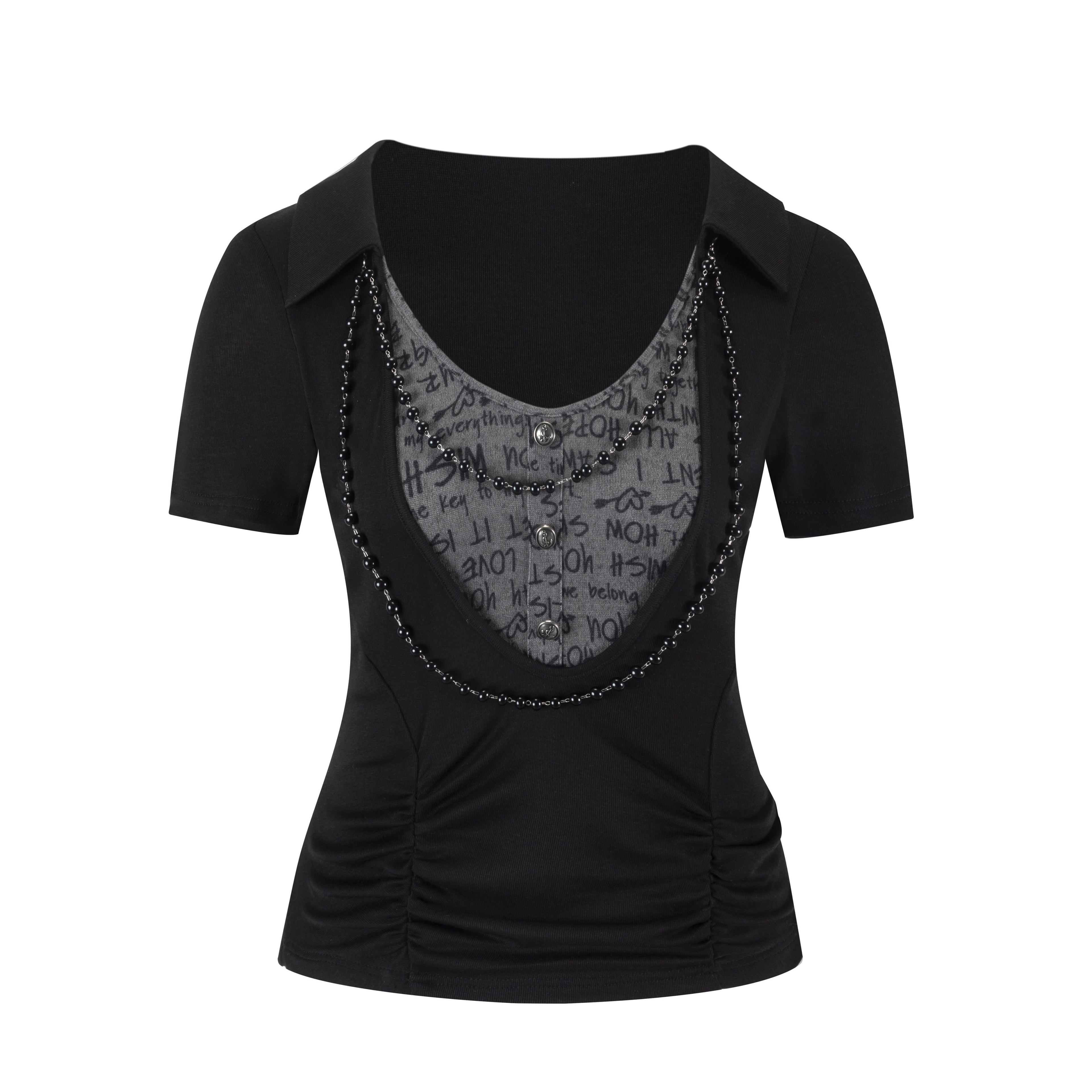 Cest_Nous_Slim_Lyocell_Punk_Faux_Layered_V-neck_Patchwork_Black_Women_Shortsleevet-Shirts_MISSTT