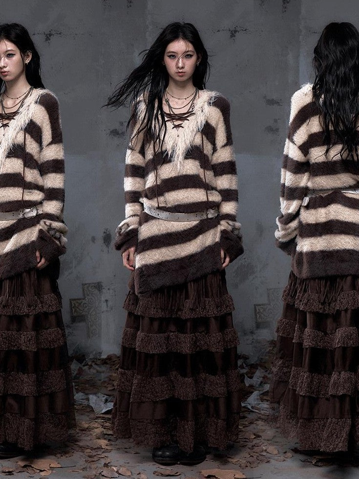 NO ROMANCE Vintage Punk Distressed Striped Women'S Faux Mink Low Neck Loose Long Sweaters