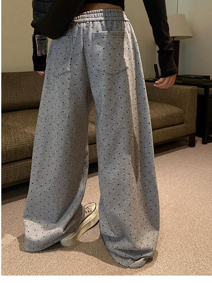 ZERO Polka Dot Cotton Knit Elastic Natural Waist Casual Women Everyday Wide Leg Pants