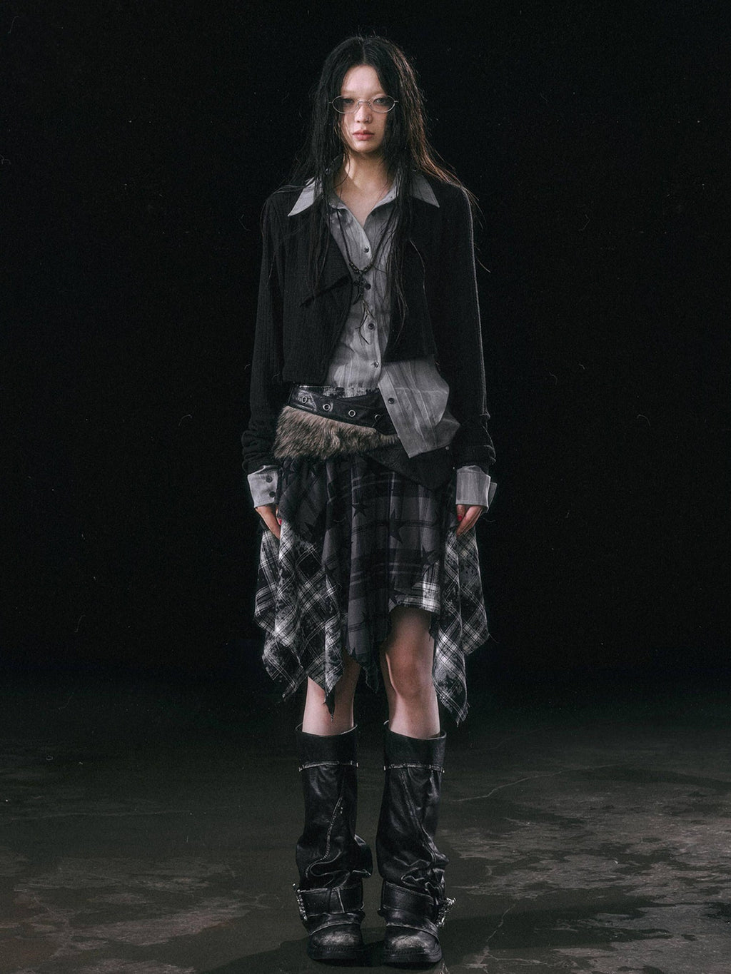 Cest Nous Patchwork Asymmetrical Punk Plaid A Line Mid Waist Women Cotton Midiskirts