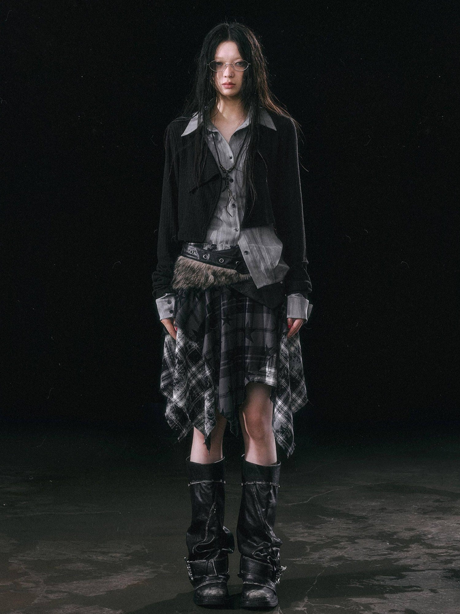 Cest Nous Patchwork Asymmetrical Punk Plaid A Line Mid Waist Women Cotton Midiskirts