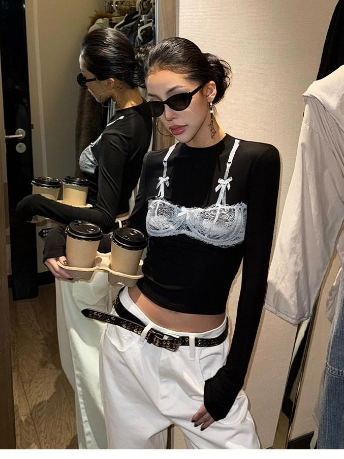 ZERO Lyocell Knit Slim Fit Mock Layered Crew Women Black Long Sleeve Crop Tops