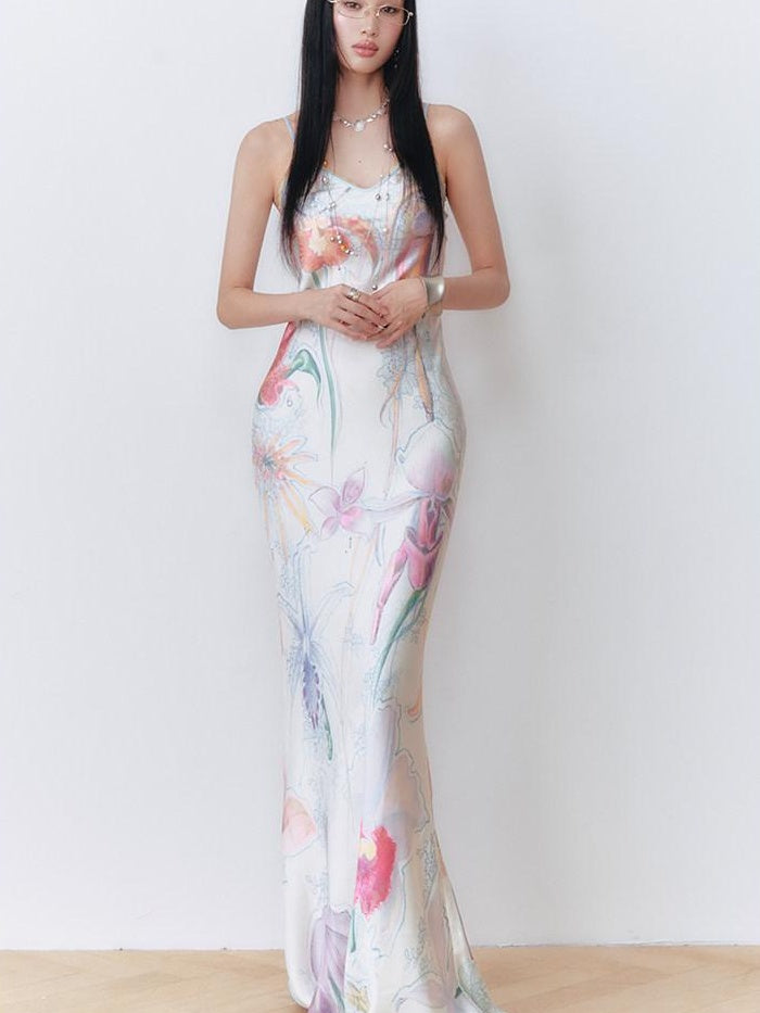 OfAkiva High Waist Southeast Asian Printed Spaghetti Strap A Line Polyester Maxi Dresses