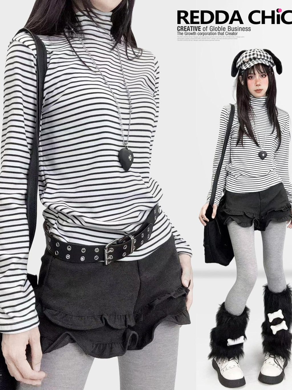 REDDACHIC Black White Stripe Gothic Half Collar Women'S Fleece Long Sleeve T-Shirts