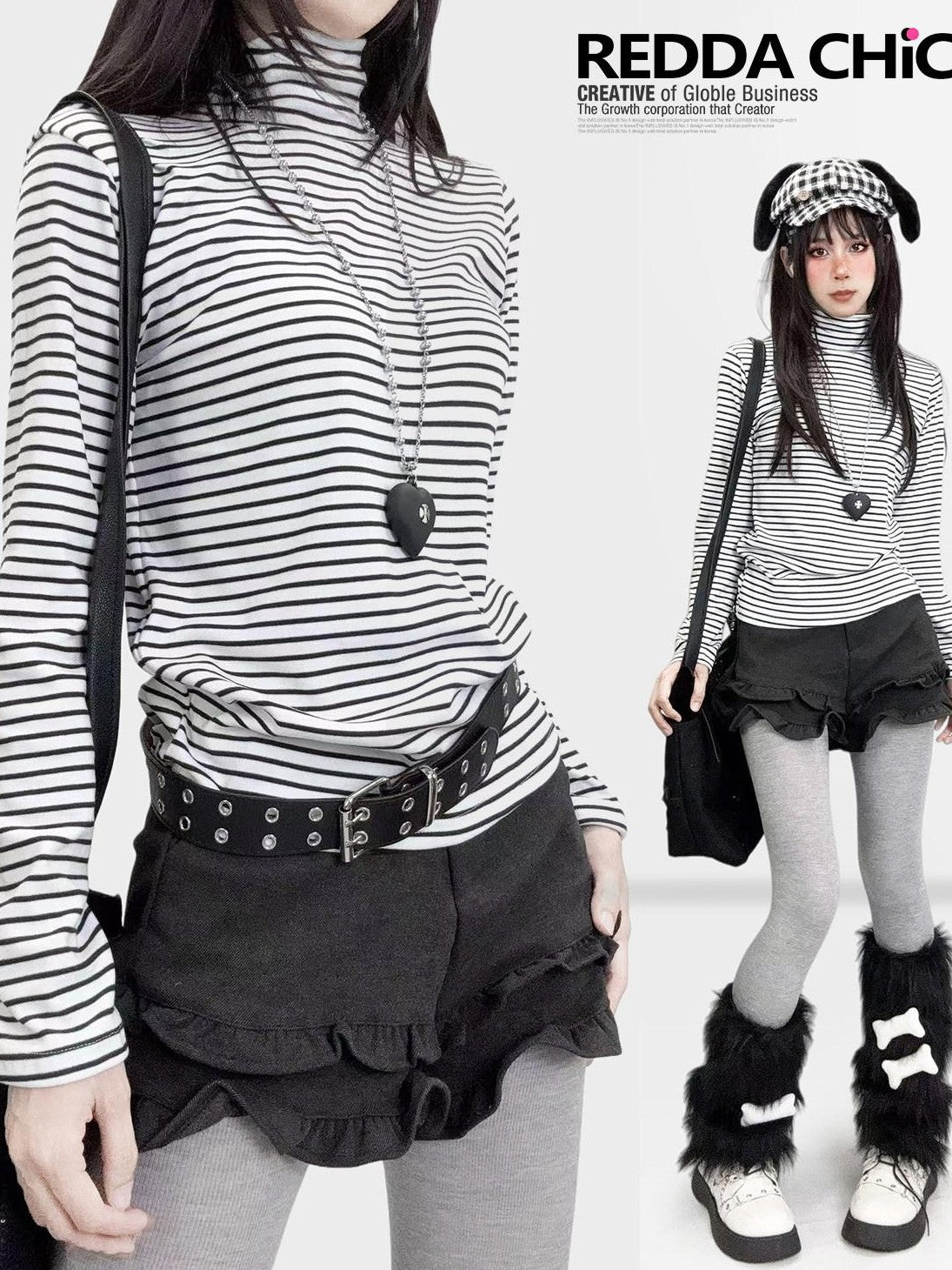 REDDACHIC Black White Stripe Gothic Half Collar Women'S Fleece Long Sleeve T-Shirts