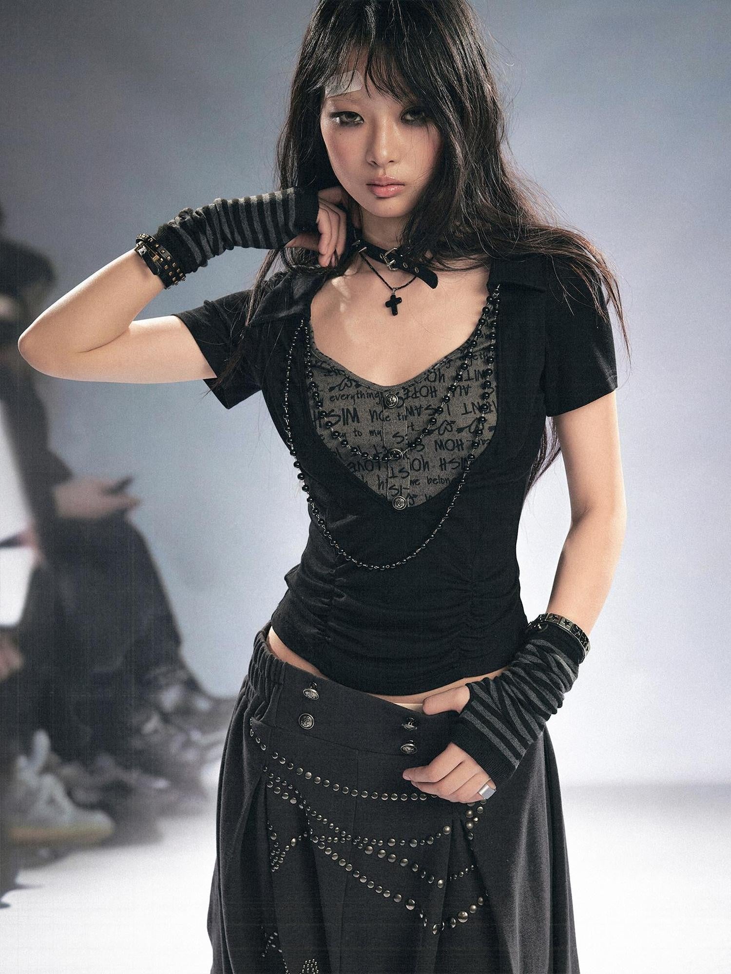 Cest Nous Slim Lyocell Punk Faux Layered V-neck Patchwork Black Women Shortsleevet-Shirts