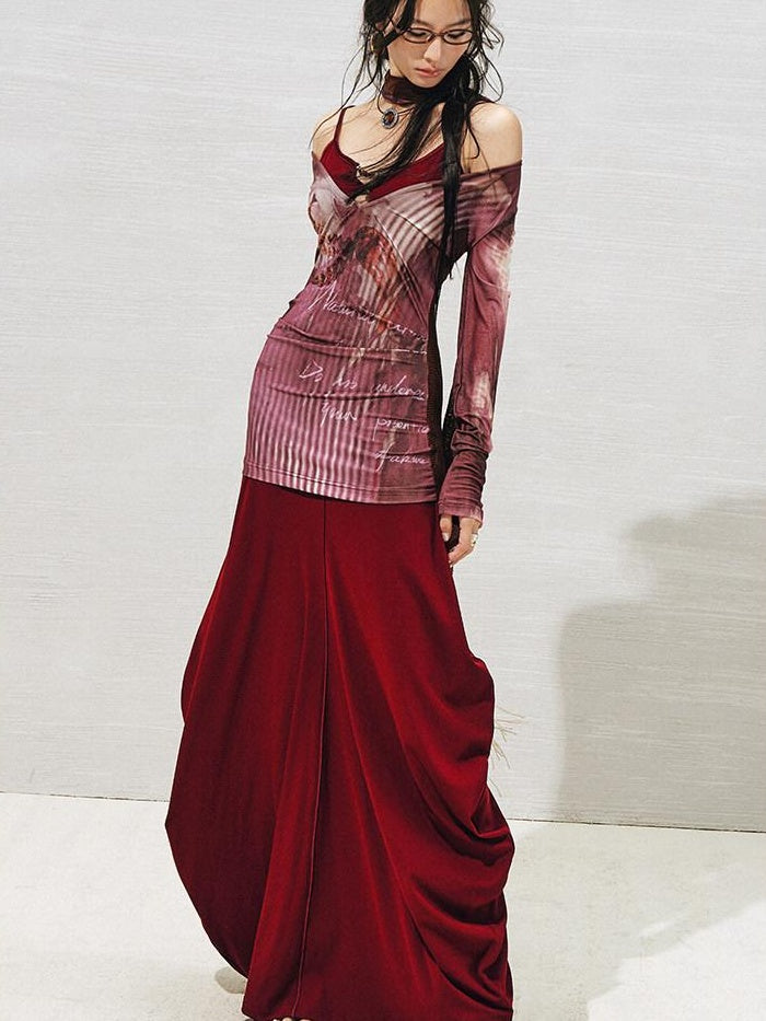 OfAkiva High Waist Cutout Printed A Line Long Sleeve Office Women Top & Skirt Sets
