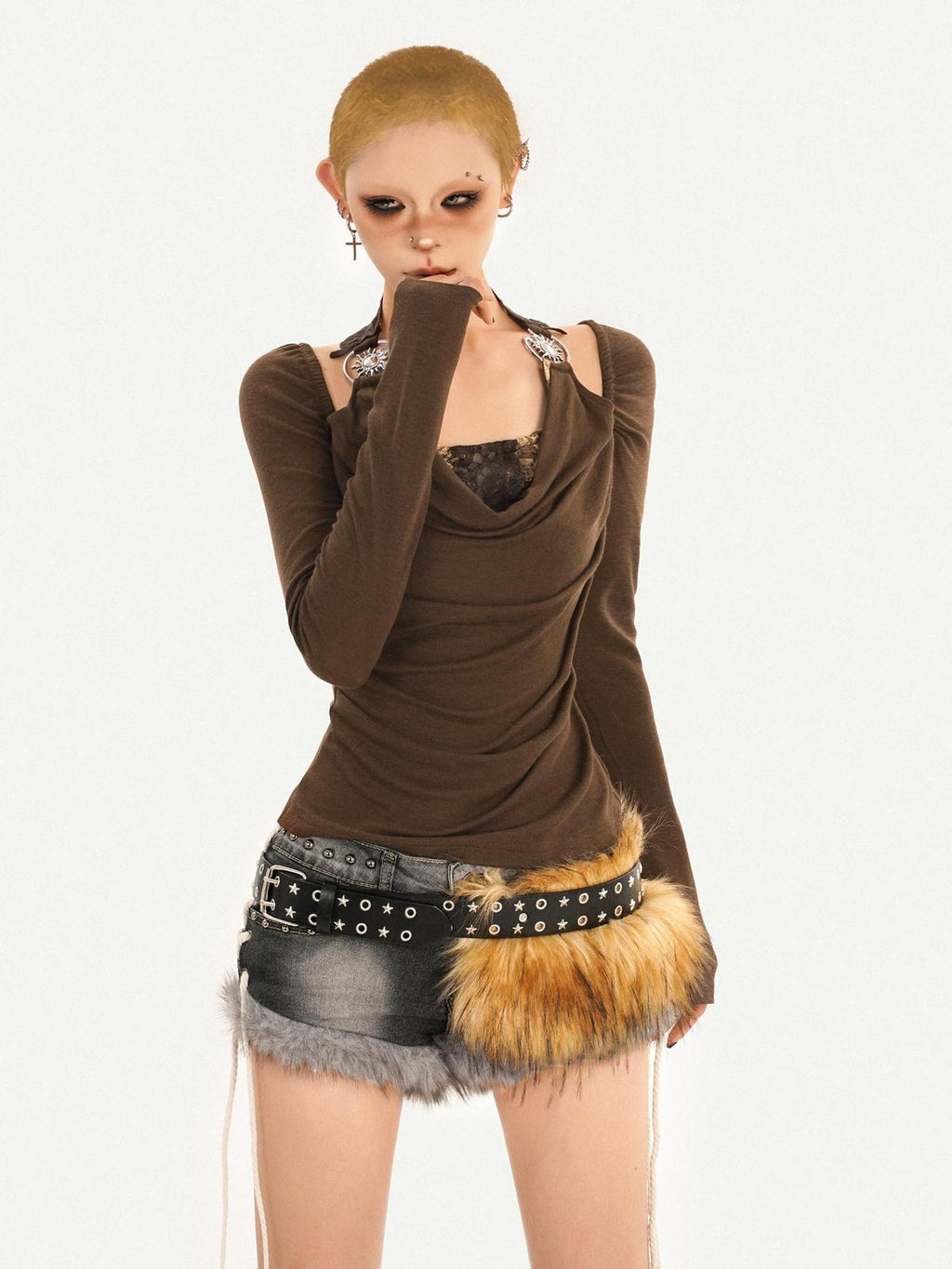Nico Molly Sexy Backless Bardot Flared Sleeve Coffee Brown Leather Long Sleeve T-Shirts