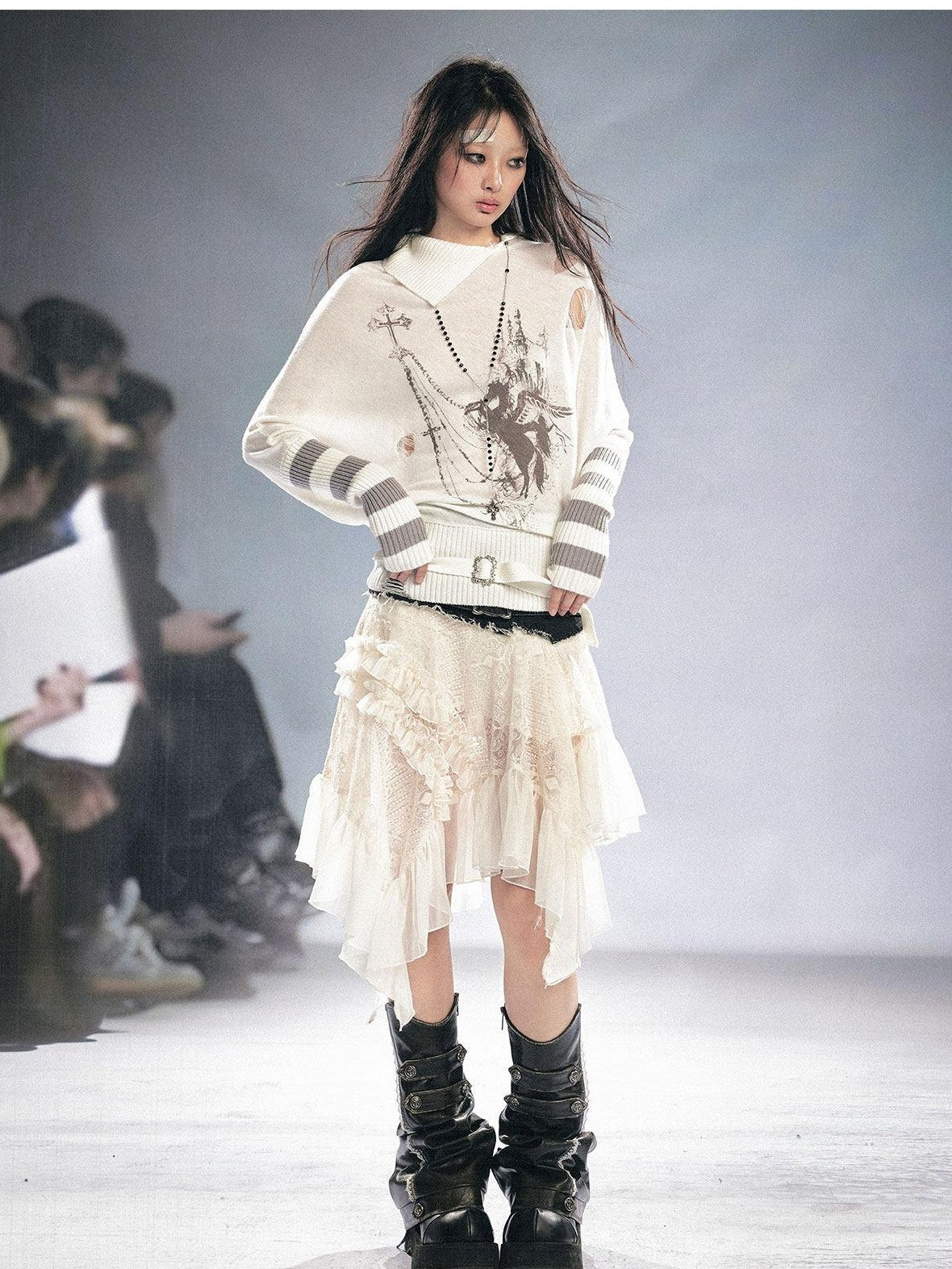 Cest Nous Cozy Wool Blend Punk Batwing Sleeve Regular Fit Women Striped Character Knitwear