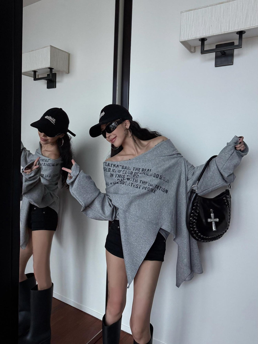 ZERO Cotton Printed Faux Layered Casual Pullover Women Gray Long Sleeve T-Shirts
