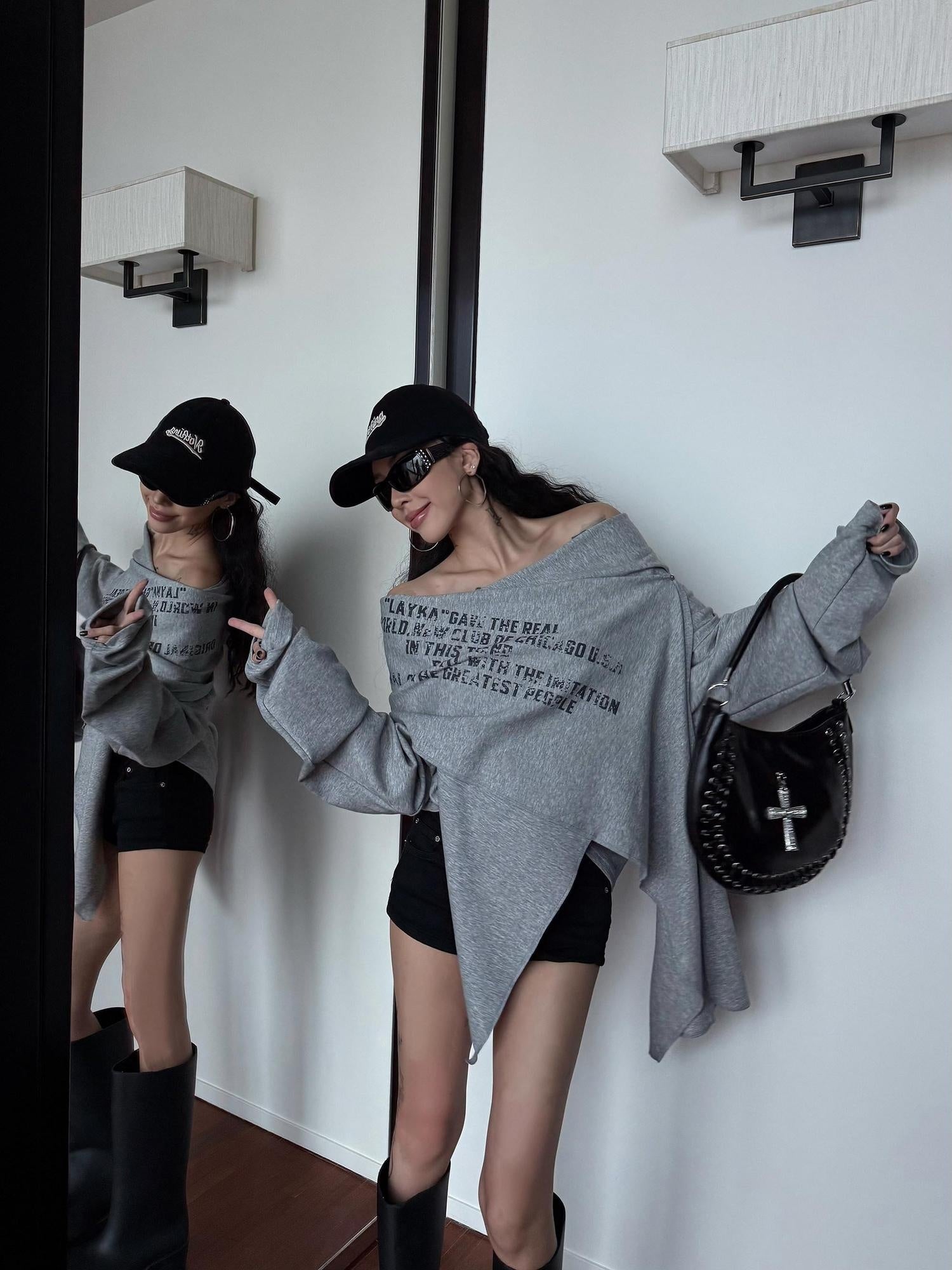 ZERO Cotton Printed Faux Layered Casual Pullover Women Gray Long Sleeve T-Shirts