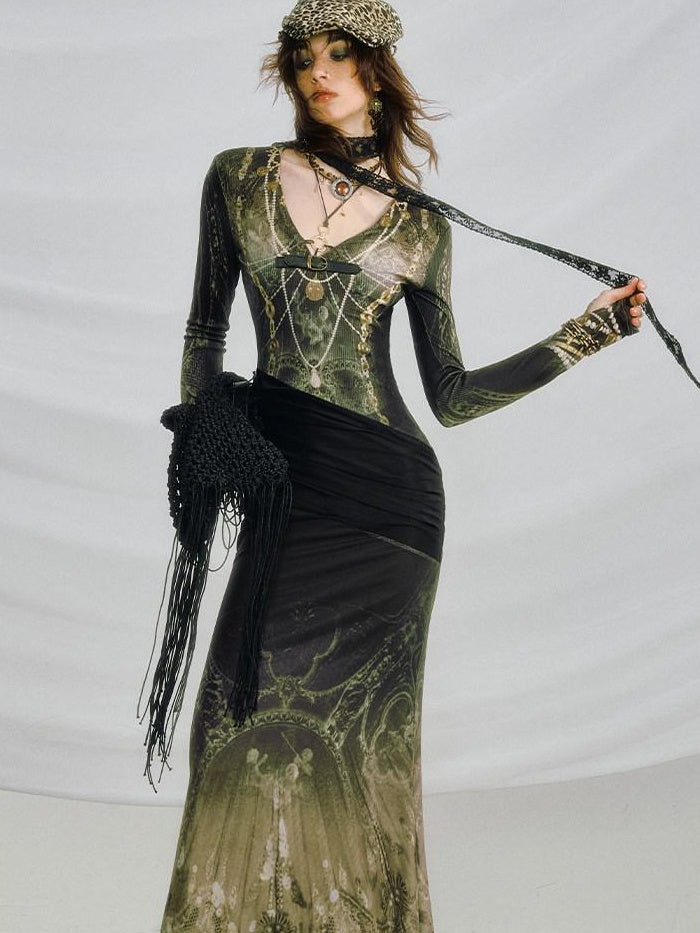 OfAkiva High Stretch High Waist Vintage Floral V-neck Long Sleeve A Line Maxi Dresses