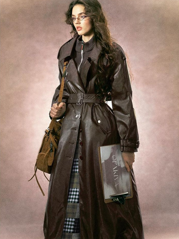 OfAkiva Thick Faux Leather Slim Fit Blazer Collar Pocket Midlength Women Long Coats