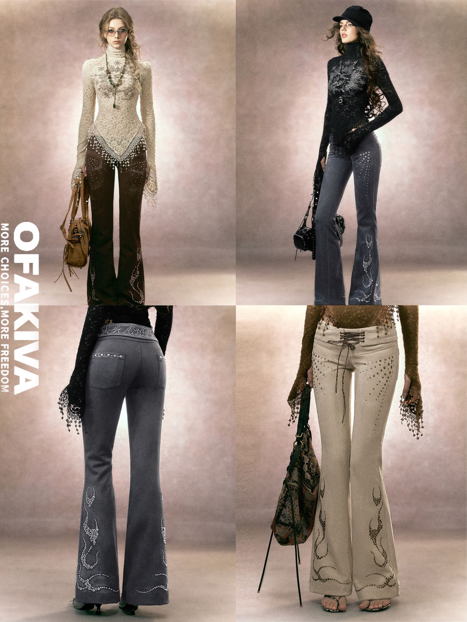 OfAkiva Rhinestone Embroidered Vintage Low Rise Slim Fit Casual Women Flared Pants