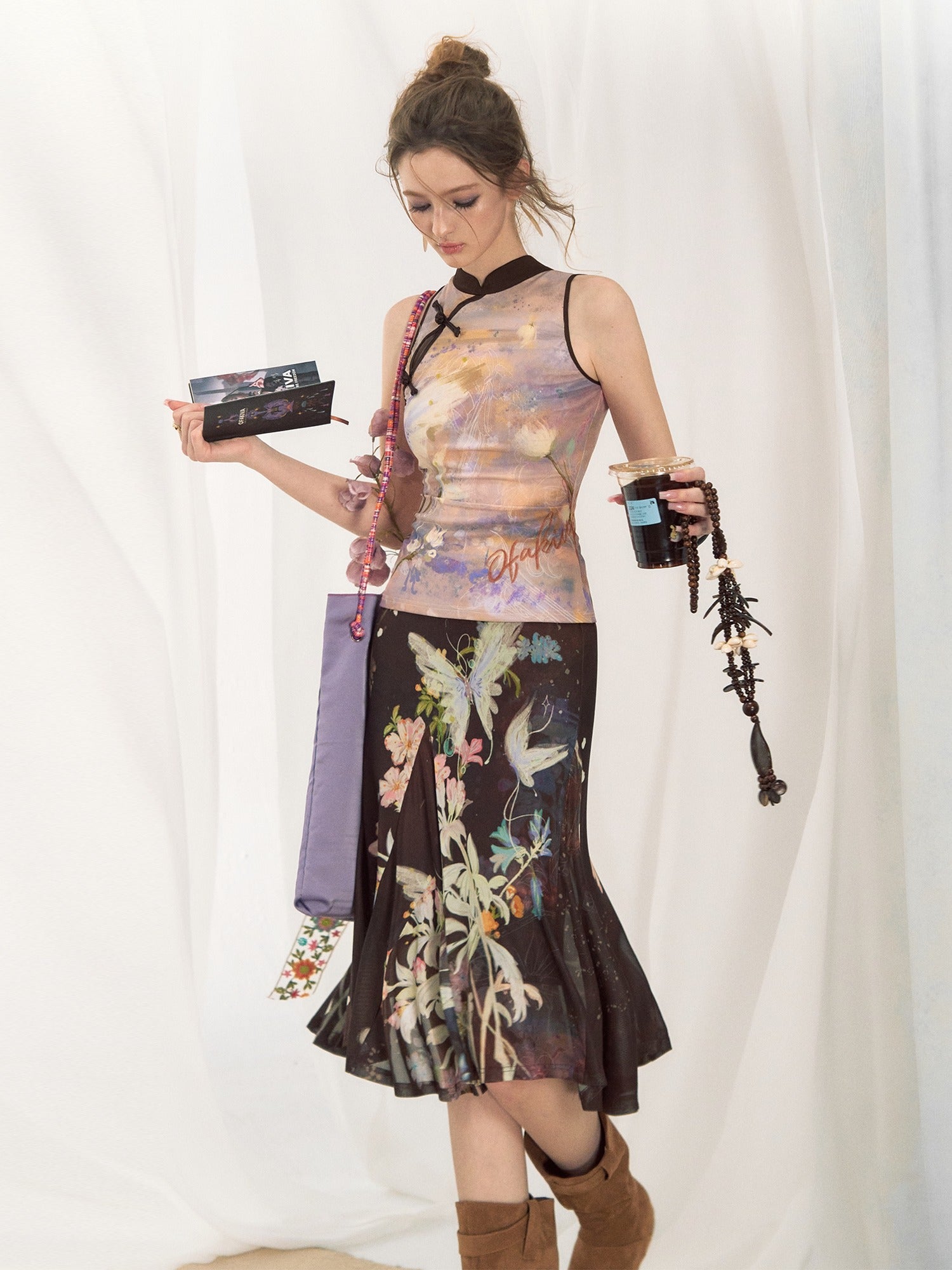 OfAkiva Floral Print Cropped Knit Sleeveless Slim Fit Two Piece Top & Skirt Sets