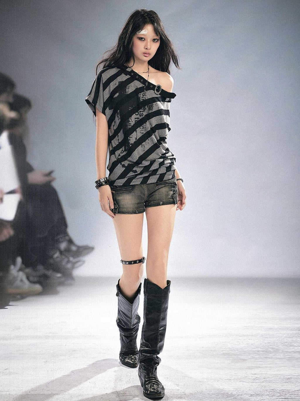 Cest Nous Punk Stripe Batwing Short Sleeve Asymmetric Neck Black Grey Offshouldercroptops