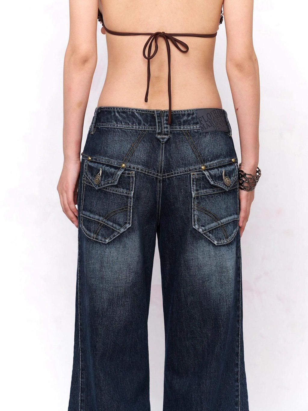 Flowers birds Market Washed Blue Distressed Natural Waist Pockets Button Fly Women Wide-Leg Jeans