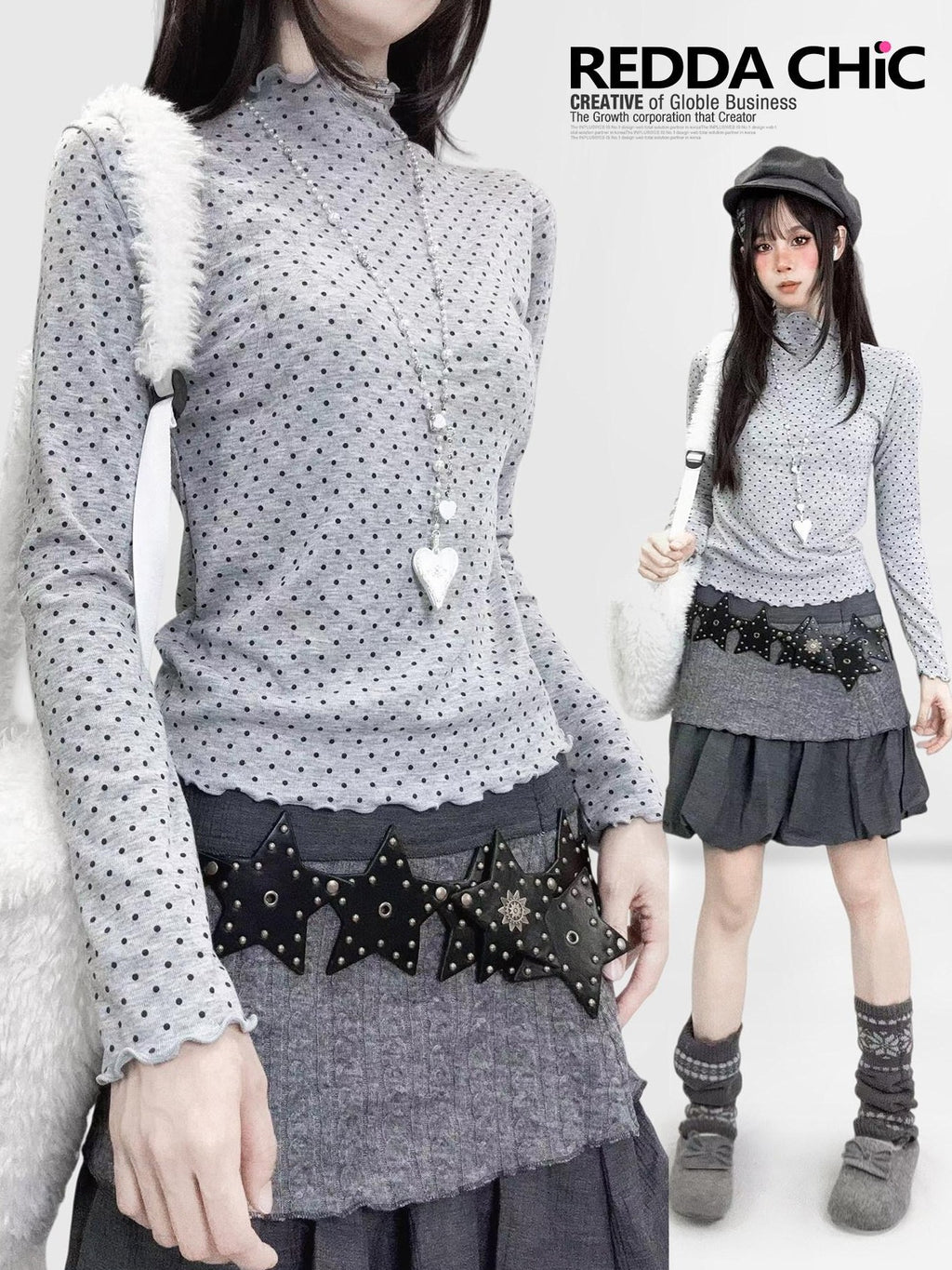 REDDACHIC Gray Polka Dot Knit Half Turtleneck Slim Women'S Long Sleeve T-Shirts