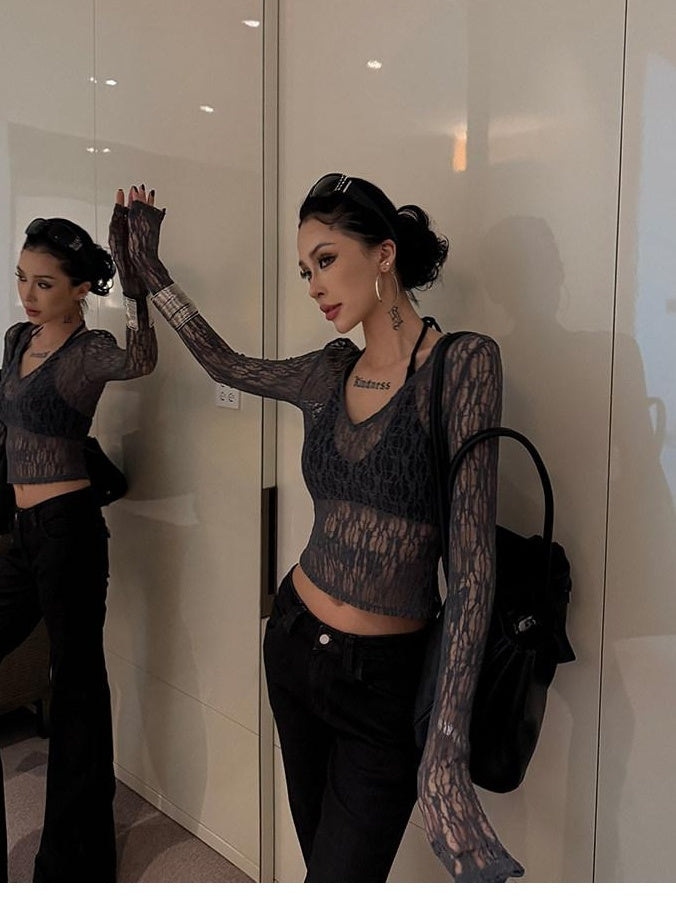 ZERO Pleated Lightweight Nylon Slim V-neck Casual Women Long Sleeve Crop Tops