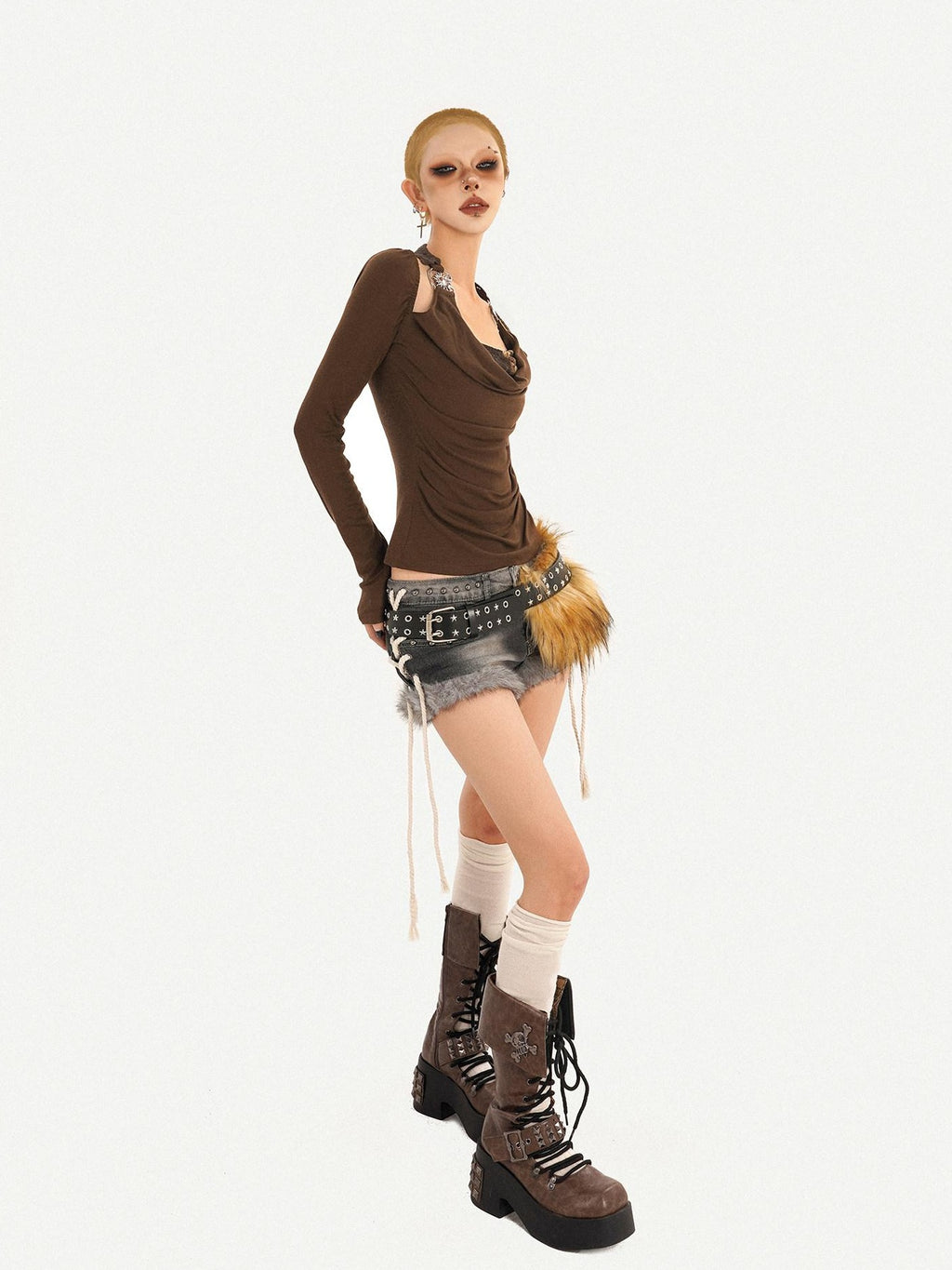 Nico Molly Sexy Backless Bardot Flared Sleeve Coffee Brown Leather Long Sleeve T-Shirts