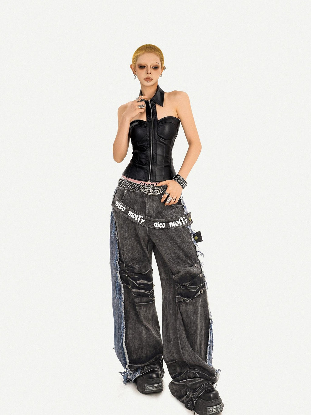 Nico Molly Pu Faux Leather Padded Zipper Crop Sexy Halter Collar Slim Women Camisoles