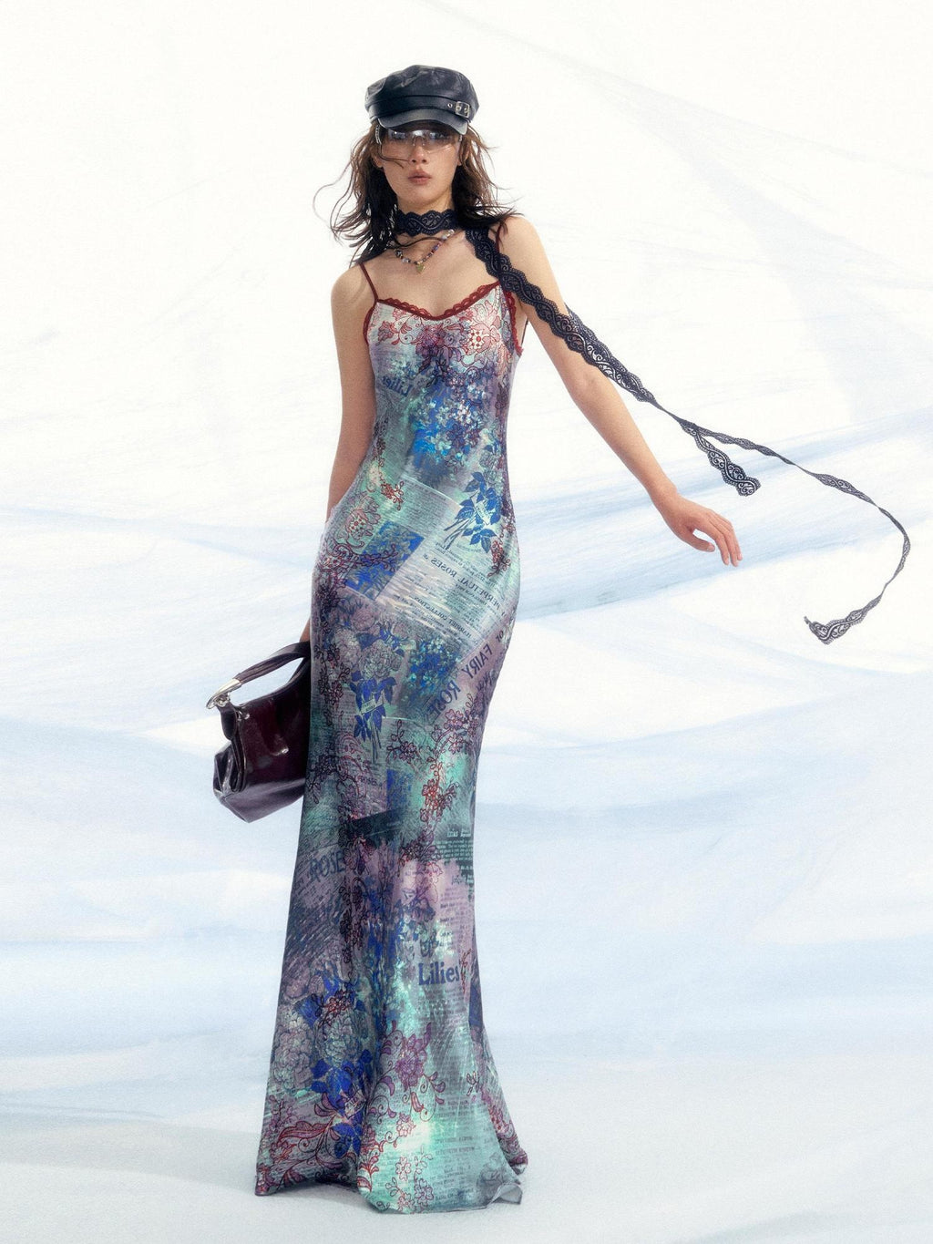 OfAkiva High Waist Southeast Asian Printed Spaghetti Strap A Line Polyester Maxi Dresses