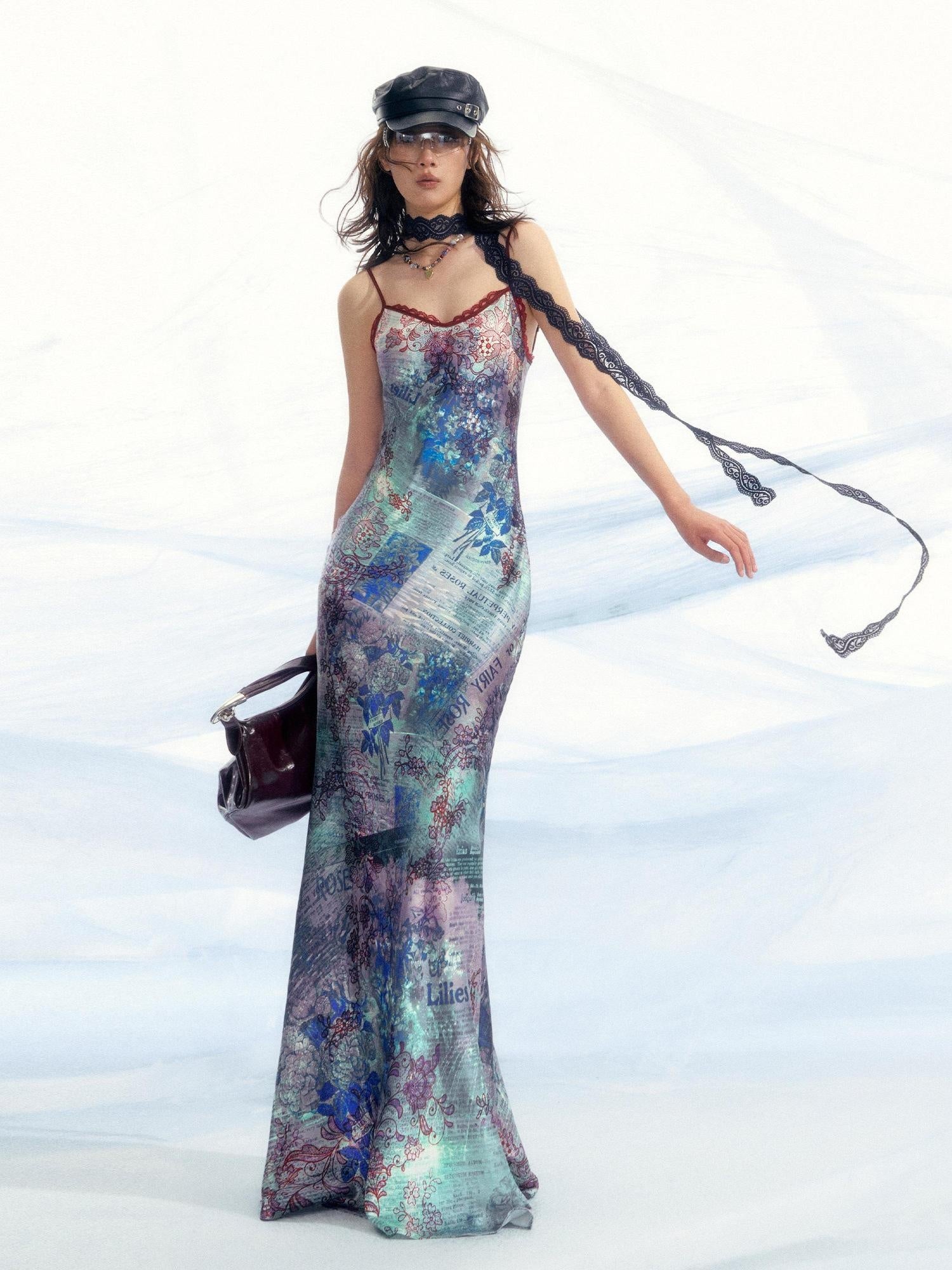 OfAkiva High Waist Southeast Asian Printed Spaghetti Strap A Line Polyester Maxi Dresses