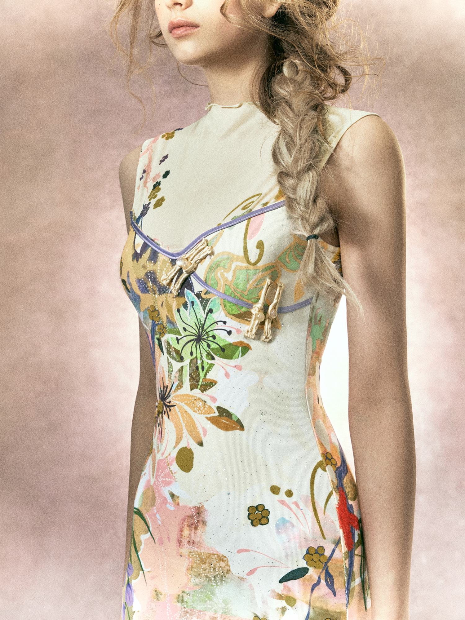 OfAkiva Floral High Waist New Chinese Cheongsam A Line Slim Sleeveless Midi Dresses