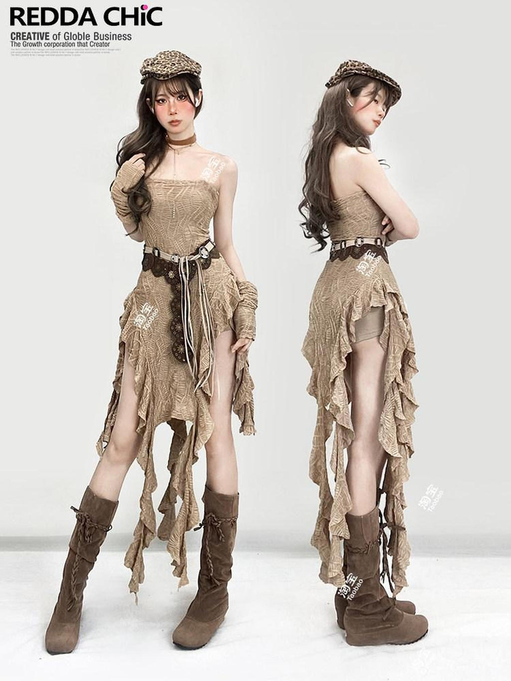 REDDACHIC Khaki Wasteland Fitted Ruffle Tassel Asymmetrical Women'S Strapless Maxi Dresses