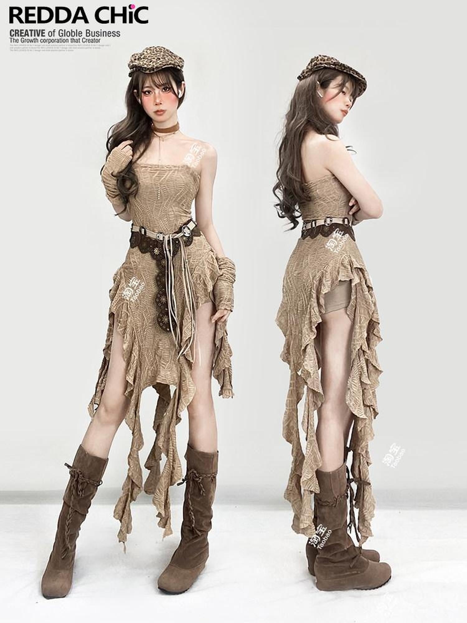 REDDACHIC Khaki Wasteland Fitted Ruffle Tassel Asymmetrical Women'S Strapless Maxi Dresses