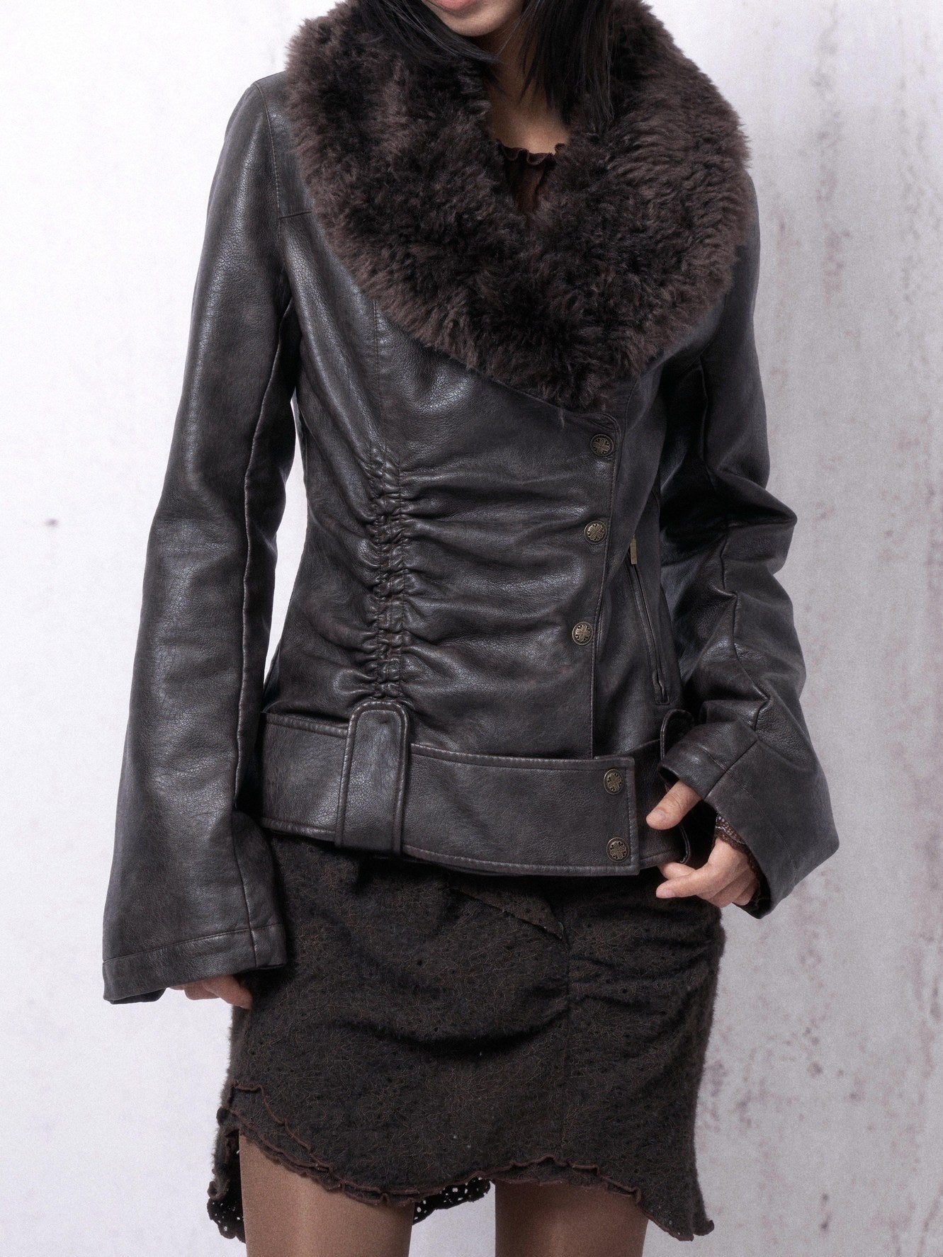 OPEN AESTHETIC Warm Fur Collar Slim Fit Retro Pleated Pu Brown Notch Collar Leather Jackets