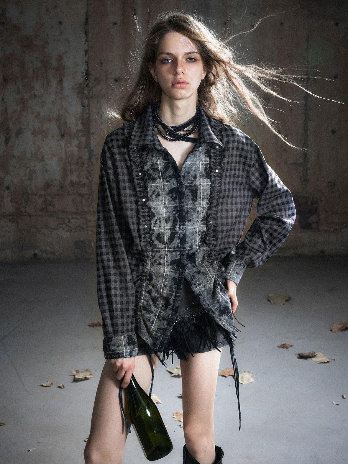 Cest Nous Punk Ruffle Check Straight Cardigan Long Sleeve Womens Casual Polyester Blouses