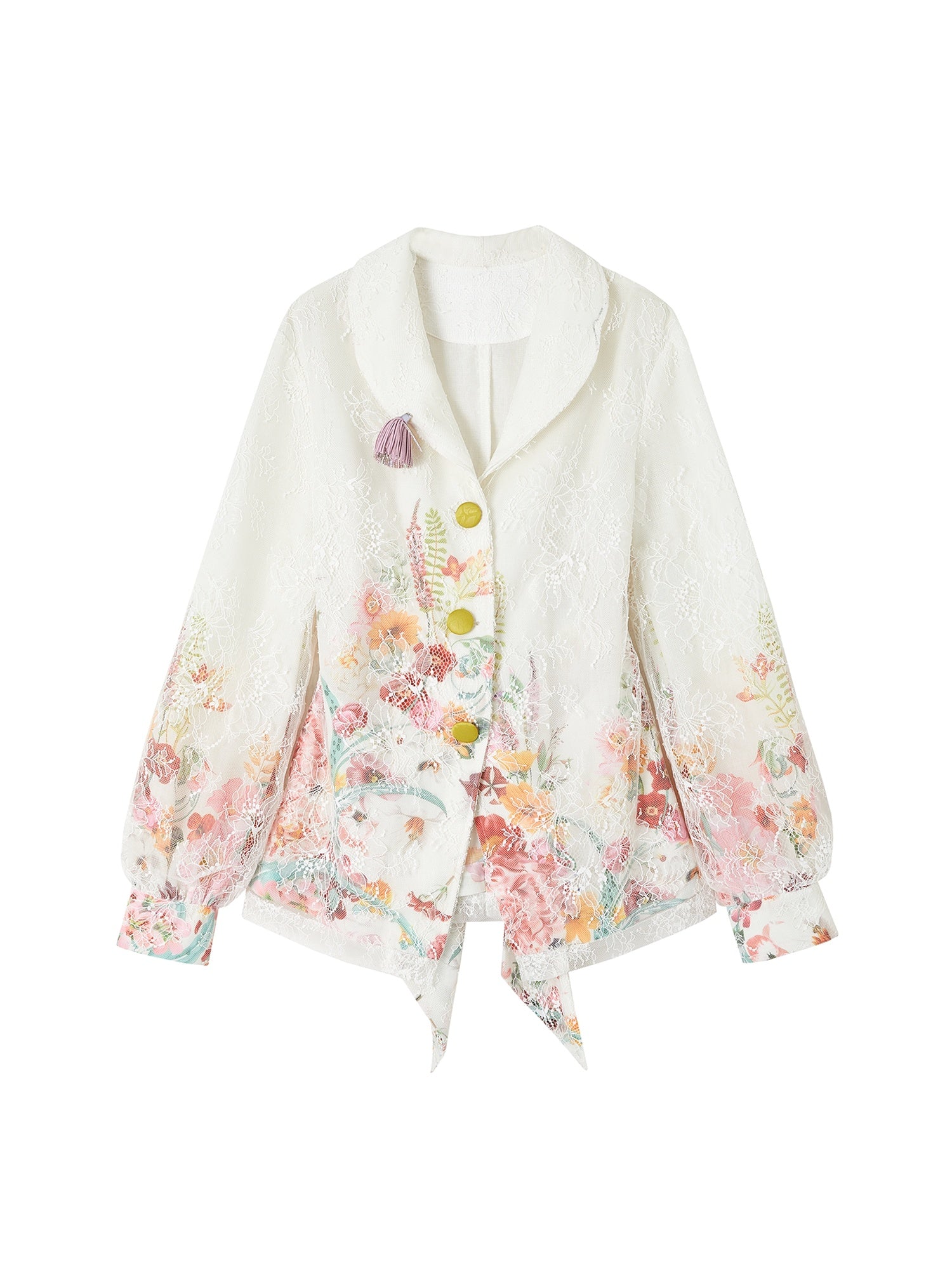 OfAkiva Rhinestone Floral Print Cinched Waist Single Button White Long Sleeve Blazers