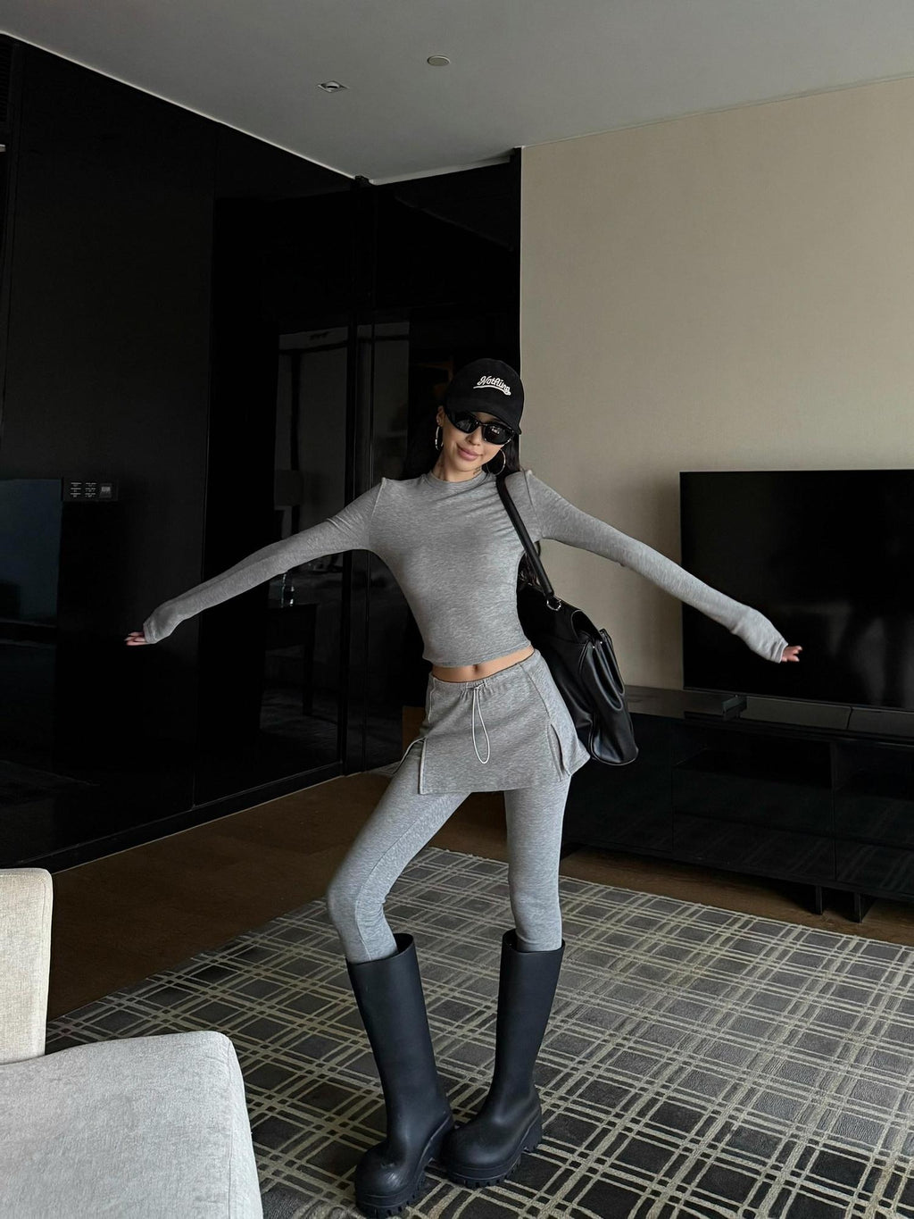ZERO Slim Fit Crop Long Sleeve Viscose Top Mid Rise Pants Gray Women Top & Pants Sets