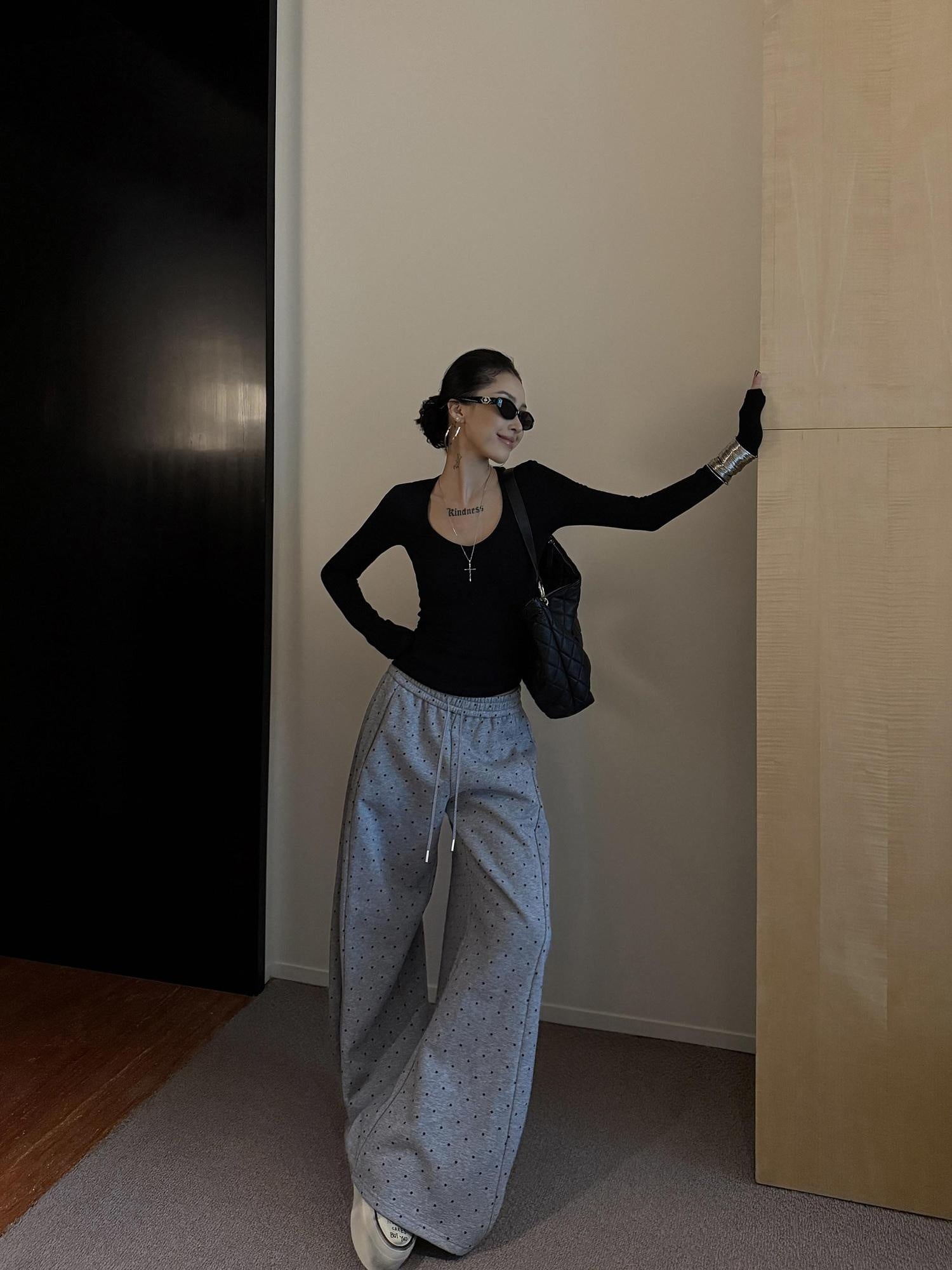 ZERO Polka Dot Cotton Knit Elastic Natural Waist Casual Women Everyday Wide Leg Pants