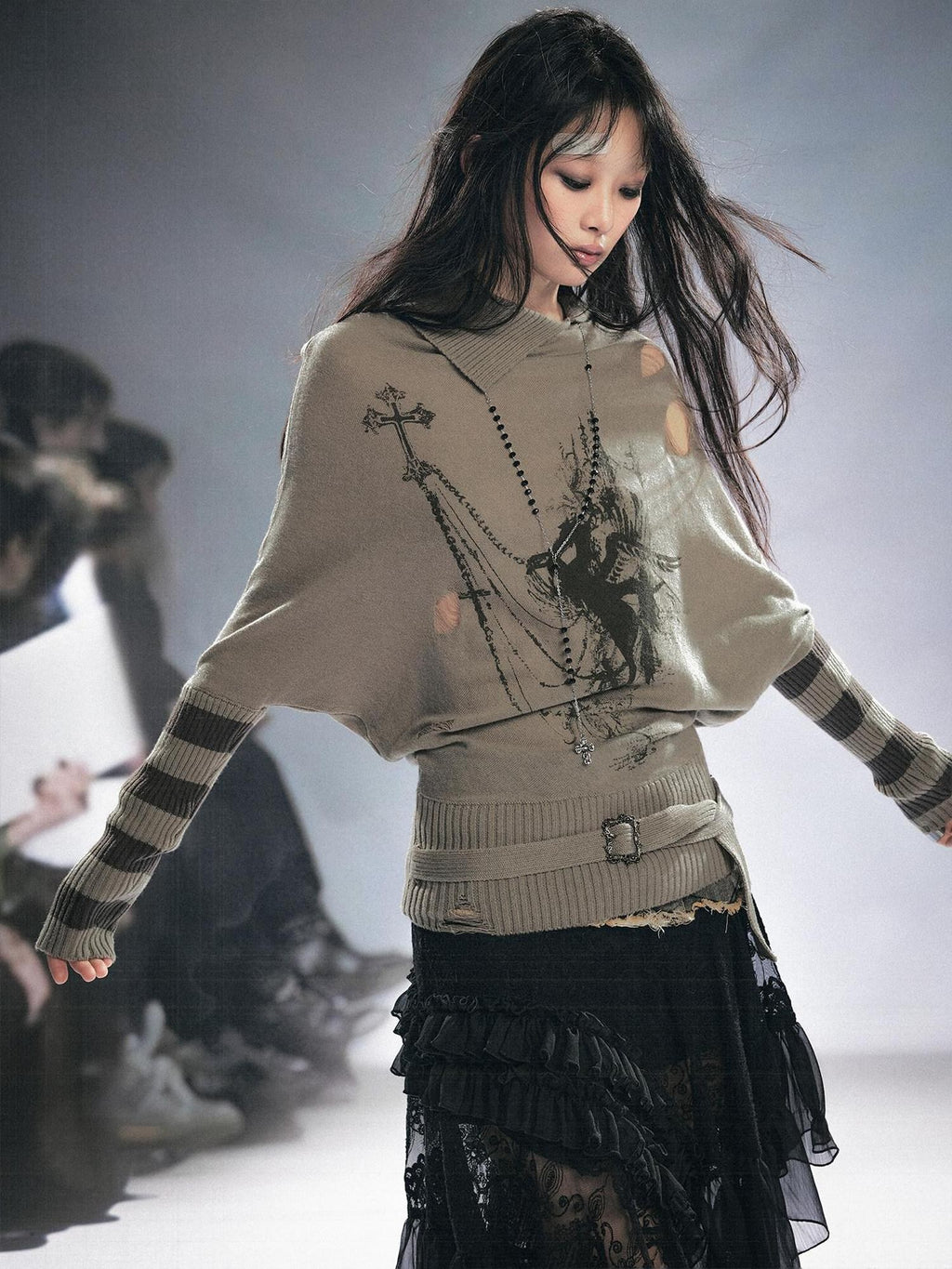 Cest Nous Cozy Wool Blend Punk Batwing Sleeve Regular Fit Women Striped Character Knitwear