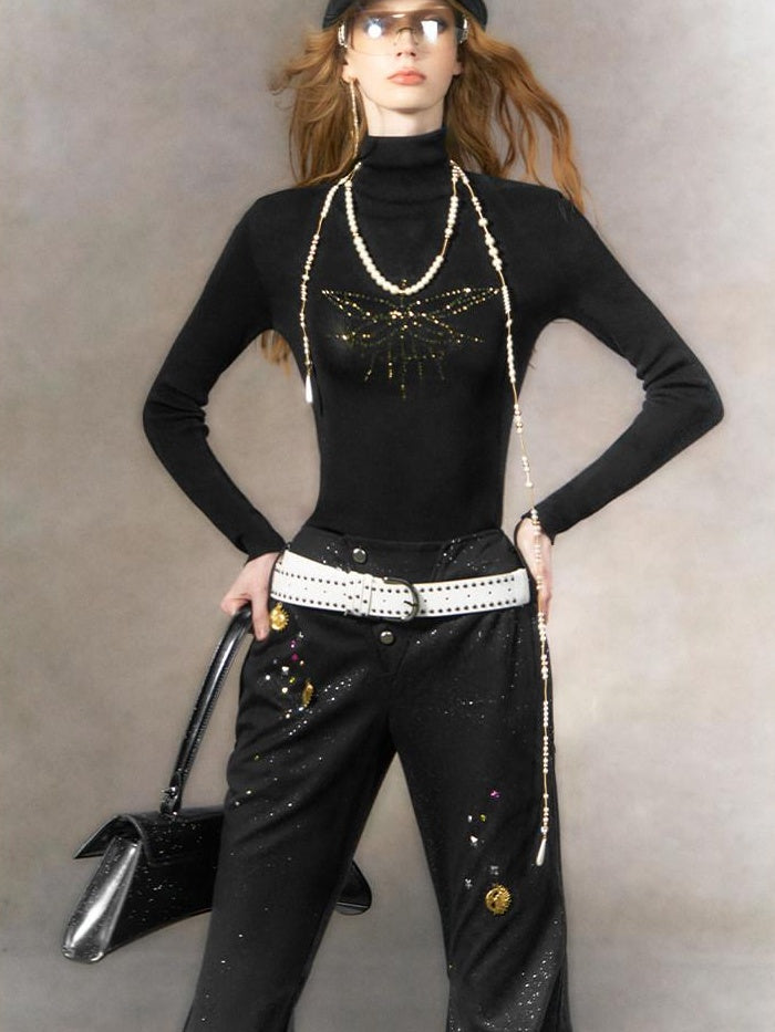 OfAkiva Rhinestone Low Waist Vintage Striped Slim Women Button Fly Flared Pants