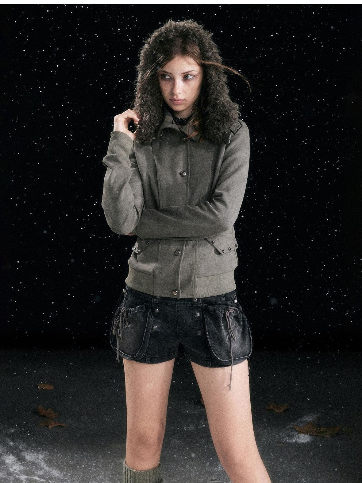 Cest Nous Washed Black Cargo Drawstring Natural Waist Women Regular Stretch Denimshorts